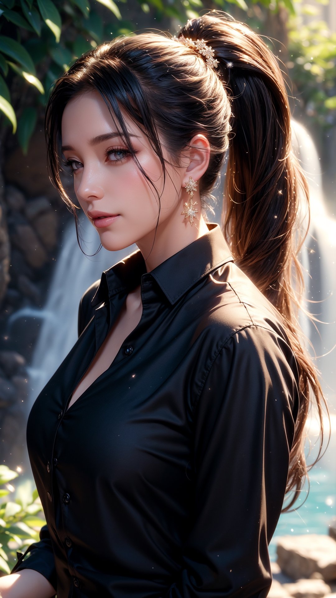 portrait,  ultra realistic illustration,  unreal_engine:1,  16K,  sharp focus,  octane render,  cinematic lighting,  1girl,  waifu,  long black thick ponytail,(walking in beautiful nature with waterfall : walking to office), ((wearing black buttoned shirt)),  perfect face, expressive brown eyes, breasts:1.5,long eyelashes,blushing smile,  iridescent gold beaded bracelets,  snowflake_earrings,  beautiful flower tattoo on hand}, beautiful nature background, 1 girl