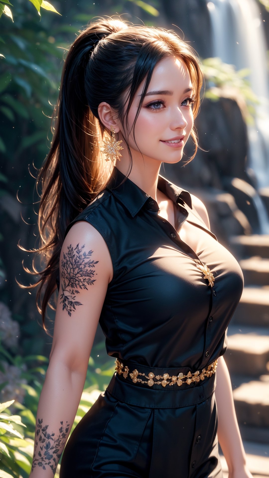 portrait,  ultra realistic illustration,  unreal engine 5,16K,  sharp focus,  octane render,  ambient lighting,  1girl, attractive waifu, sexy, alluring ,long black thick ponytail,(walking in beautiful nature with waterfall : walking to office), ((wearing black buttoned shirt)),  perfect face, expressive brown eyes, breasts:1.5,long eyelashes,blushing face, happy smile,  iridescent gold beaded bracelets,  snowflake_earrings,  beautiful flower tattoo on hand}, beautiful nature background, 1 girl