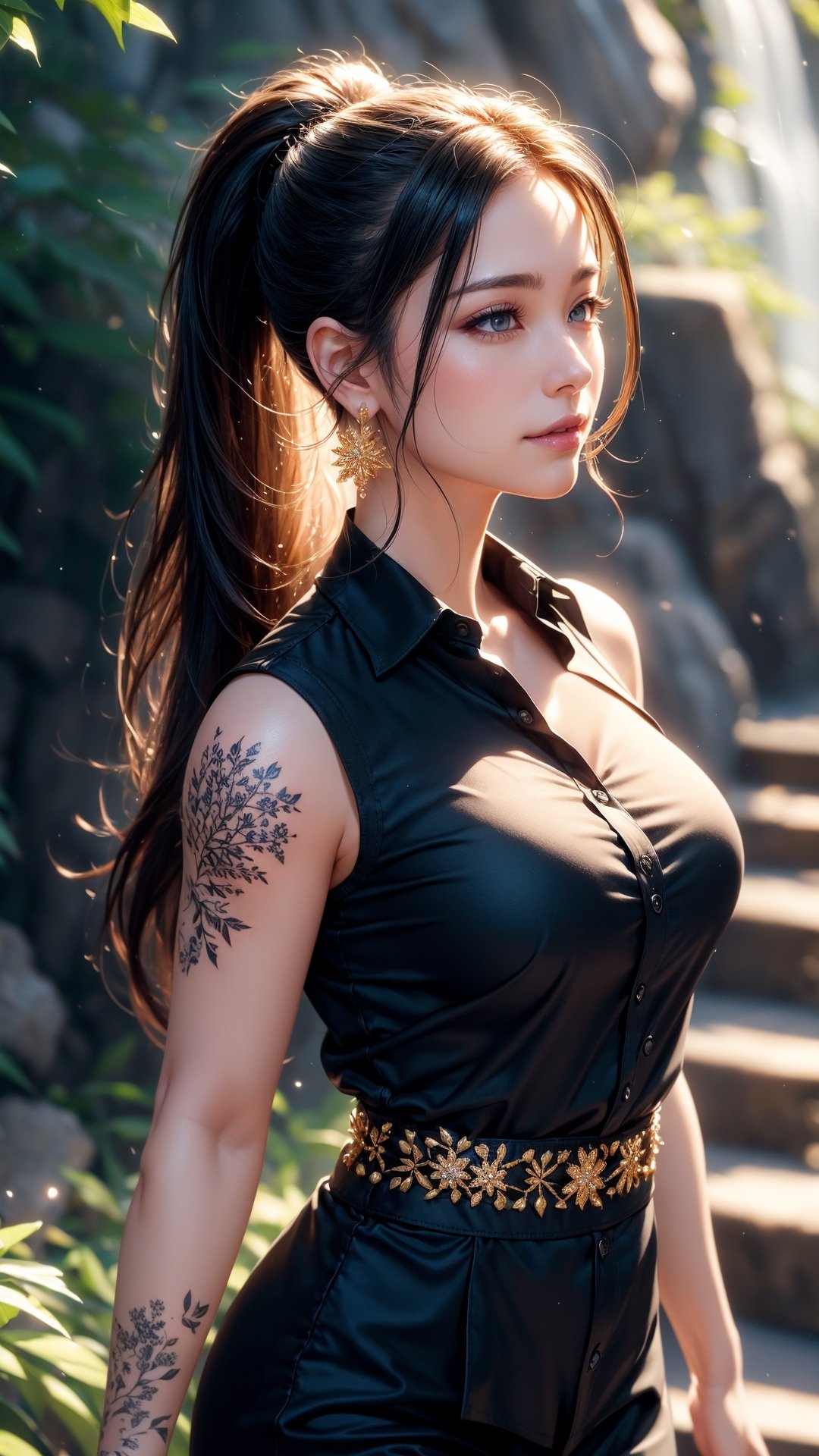 portrait,  ultra realistic illustration,  unreal_engine:1,  16K,  sharp focus,  octane render,  cinematic lighting,  1girl,  waifu,  long black thick ponytail,(walking in beautiful nature with waterfall : walking to office), ((wearing black buttoned shirt)),  perfect face, expressive brown eyes, breasts:1.5,long eyelashes,blushing smile,  iridescent gold beaded bracelets,  snowflake_earrings,  beautiful flower tattoo on hand}, beautiful nature background, 1 girl