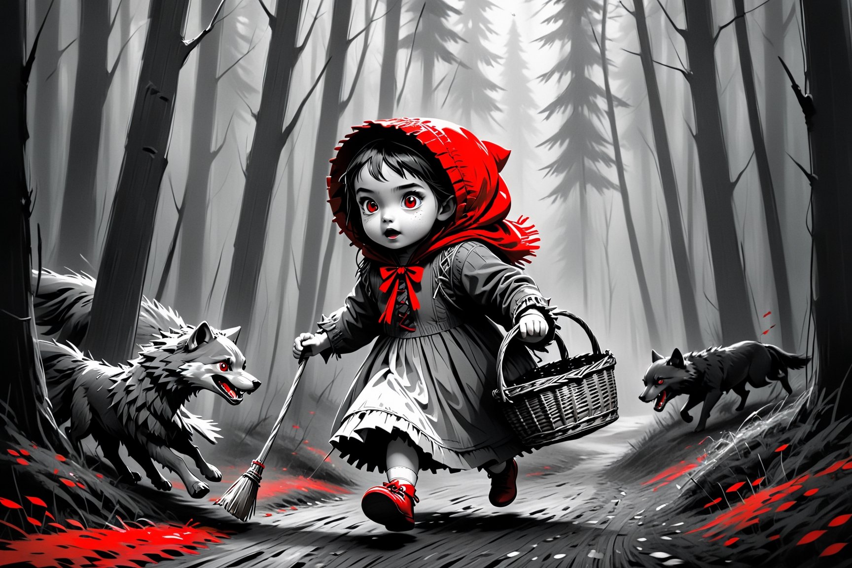 terrified Little Girl Riding Hood walking slowly by a dense forest, wearing a wicker basket, being attacked by a big wolf with red eyes, ((drawing lines)), ((only one girl)), drawing in black and withe, thick lines, filagree, realistic, scary environmet, grey backgroung, monster, Leonardo Style,Pencil Draw,Fashion Illustration,Flat vector art,pencil sketch,lineart