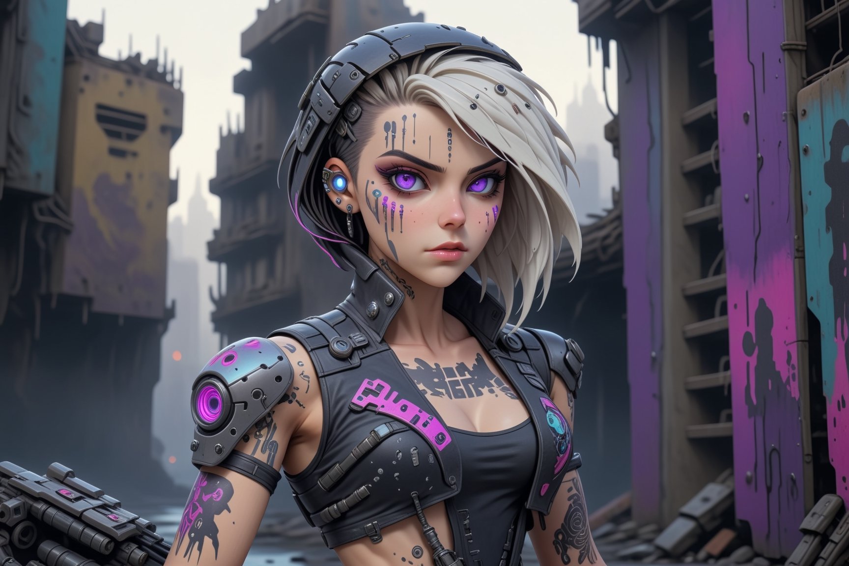 comic book illustration of a cyborg woman in a dystopian city, wearing black leather jacket, wearing short jeans, wearing white tank top, ((one of the arms is a complete cyborg arm)), wearing futuristic sunglasses, (((only one woman))), cyborg parts in face, short violet with blonde highlights hair, tattooed  body, full color, vibrant colors, armed with a gun in her hand, 
sexy body, detailed gorgeous face, lonely environment, jellyfish with jewels in foreground, dystopian city with droids in background, exquisite detail,  30-megapixel, 4k, Flat vector art, Vector illustration, Illustration,cyborg style,cyborg,valkyrie,<lora:659095807385103906:1.0>