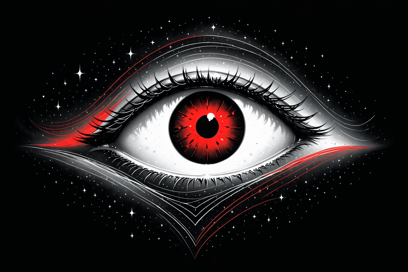 A lonely heart-shaped eye in a sky full of stars, ((drawing lines)), drawing in (black, withe and red), thick lines, filagree, realistic, white background, monster, Leonardo Style,Pencil Draw,Fashion Illustration,Flat vector art,pencil sketch,lineart