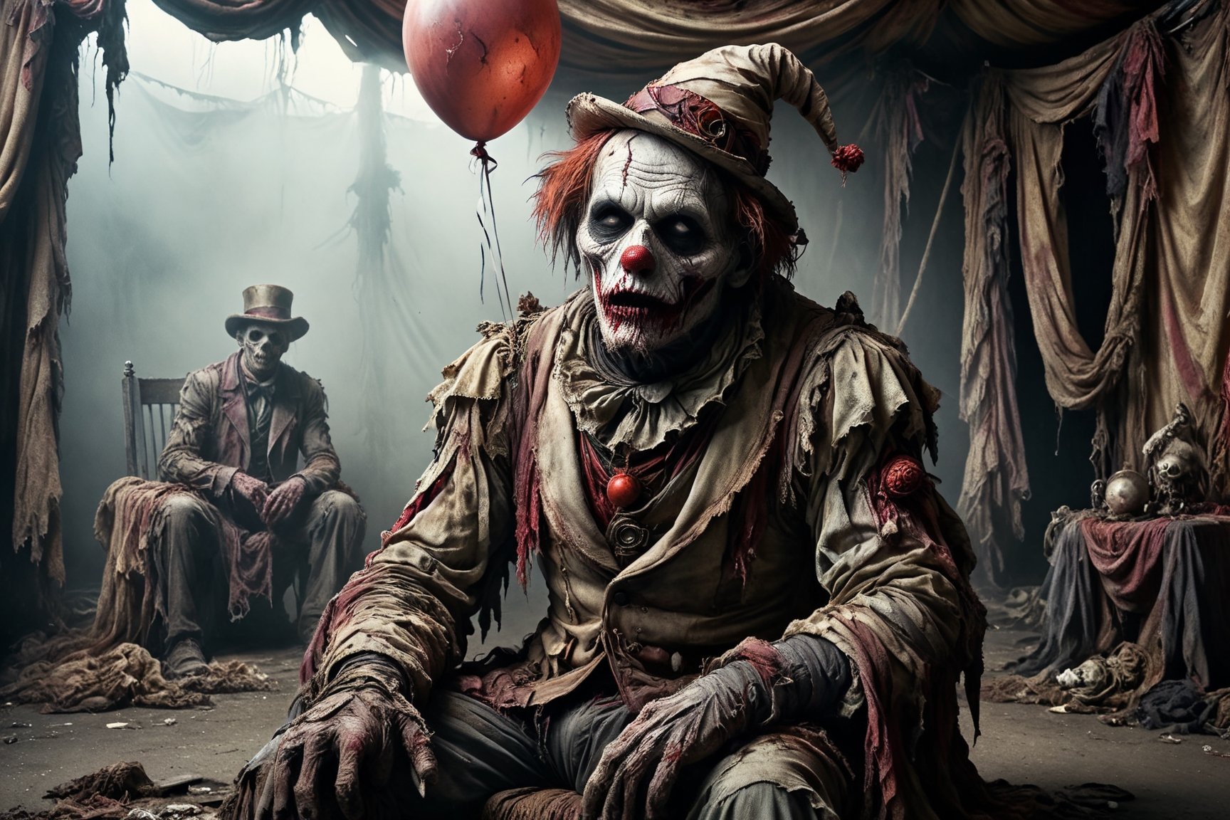 zombie sitting in a chair that has two balloons tied to it, putrid skin, disfigured features, torn, dirty and bloody clothes, clown suit, clown hat, bored waiting for someone to come to his performance, circus atmosphere, spooky atmosphere and atmosphere of terror, old dilapidated circus tent in background, 16k UHD, extreme realism, maximum definitions, ultra detail,monster,steampunk style,more detail XL