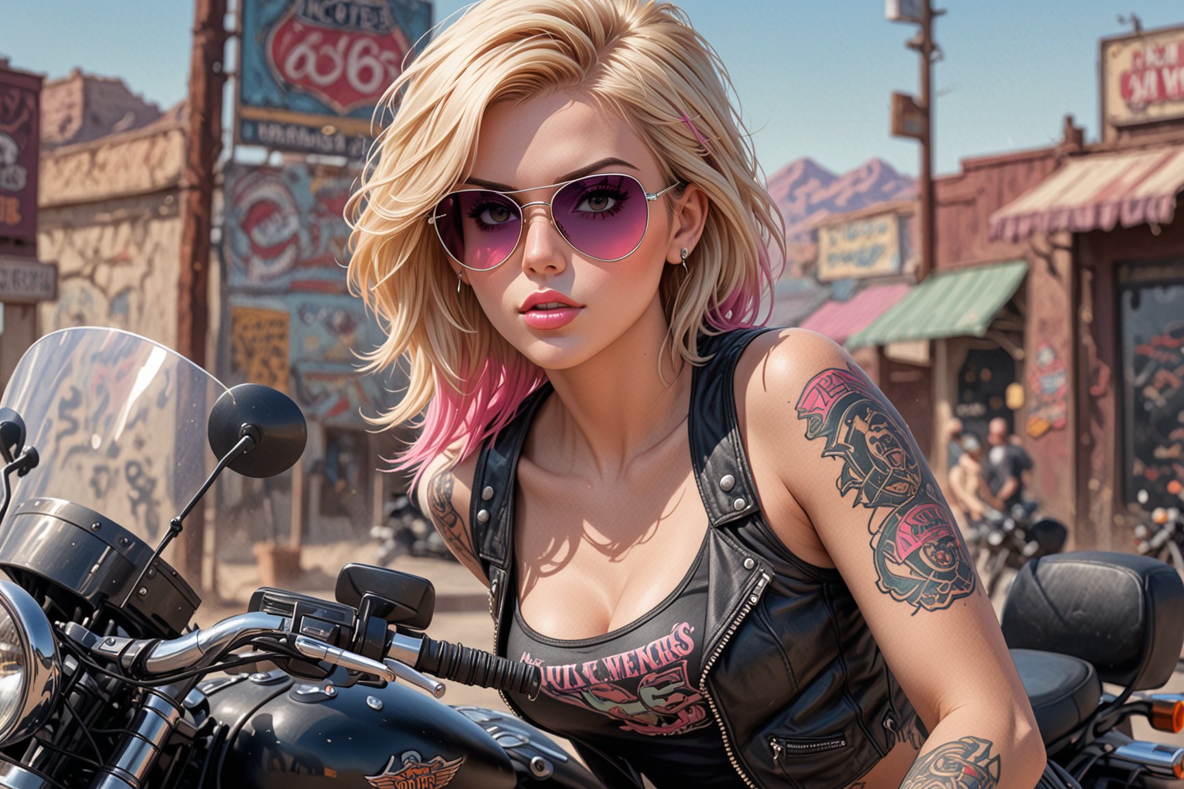 comic book illustration of a portrait of a woman on a harley davidson, wearing black tank top, wearing sunglasses, wearing black leather jacket, (((only one woman))), lightly open lips, short blonde with pink highlights hair, tattooed  body, full color, vibrant colors, showing tits under the tank top, sexy body, detailed gorgeous face, route66 road sign:1.3, route 66 environment, route 66 in background, exquisite detail,  30-megapixel, 4k, Flat vector art, Vector illustration, Illustration,,<lora:659095807385103906:1.0>