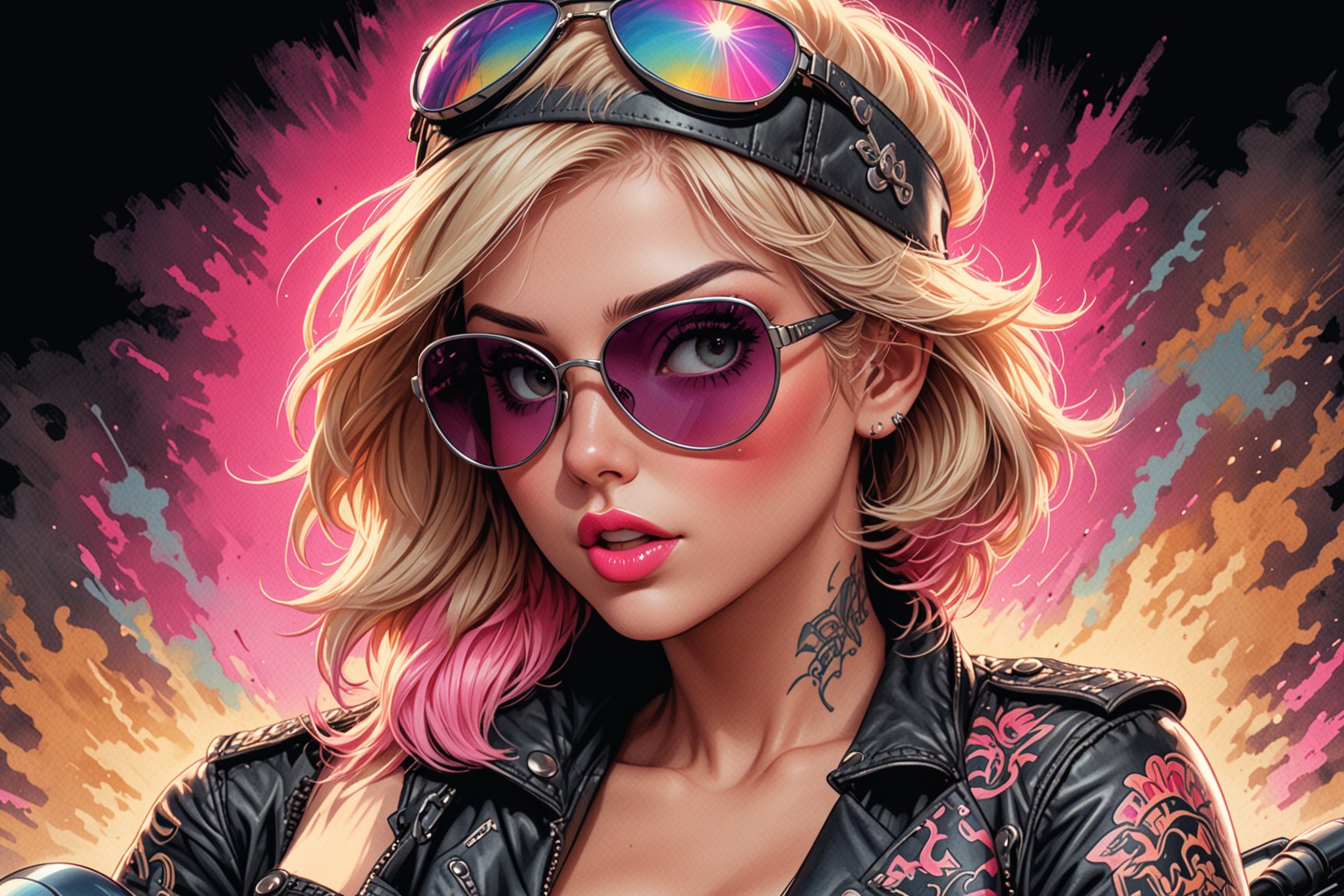 comic book illustration of a portrait of a woman, wearing sexy summer dress, wearing leather jacket, wearing leather cap, wearing sunglasses, (((only one woman))), lightly open lips, short blonde with pink highlights hair, tattooed  body, full color, vibrant colors, 
sexy body, detailed gorgeous face, racing environment, black background, exquisite detail,  30-megapixel, 4k, Flat vector art, Vector illustration, Illustration,,,<lora:659095807385103906:1.0>