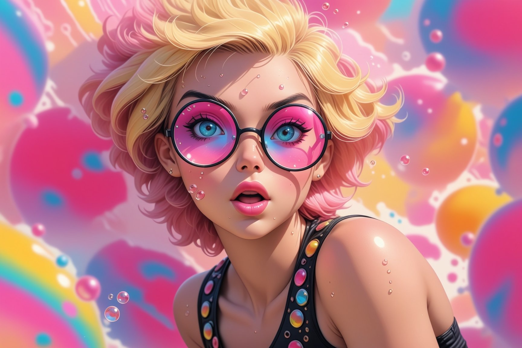 comic book illustration of a portrait of woman surrounded by Big bubbles, wearing tank top, wearing sun glasses, wearing black miniskirt, (((only one woman))),  lightly open lips, short blonde with pink highlights hair, tattooed  body, full color, vibrant colors, 
sexy body, detailed gorgeous face, very BIg bubbles environment, bubbles in background, exquisite detail,  30-megapixel, 4k, Flat vector art, Vector illustration, Illustration,dreamgirl,<lora:659095807385103906:1.0>