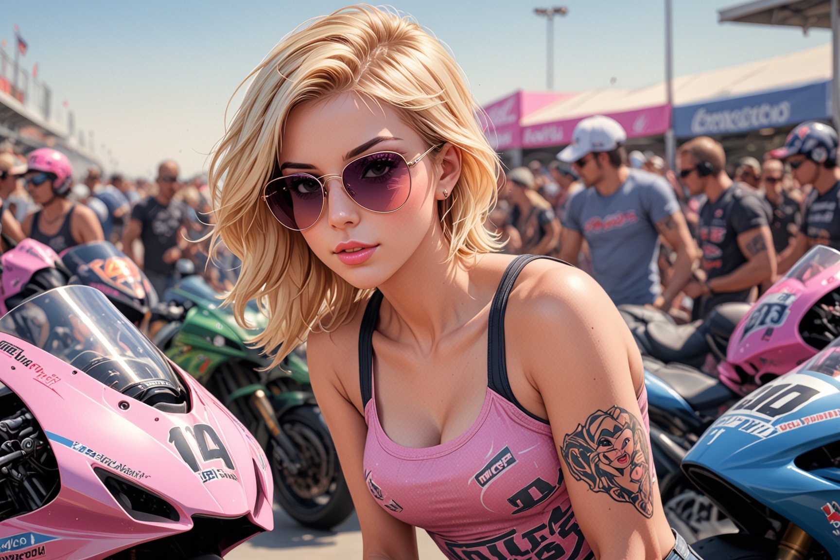 comic book illustration of a portrait of a woman in the MotoGP paddock, wearing tank top, wearing, wearing sunglasses, wearing jeans, (((only one woman))), lightly open lips, short blonde with pink highlights hair, tattooed  body, full color, vibrant colors, 
sexy body, detailed gorgeous face, lonely environment, the MotoGP paddock with sports bikes around in background, exquisite detail,  30-megapixel, 4k, Flat vector art, Vector illustration, Illustration,,,,,<lora:659095807385103906:1.0>