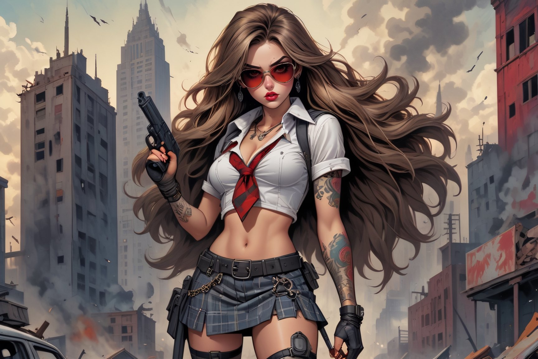 vintage comic book illustration of a a killer woman in a schoolgirl outfit wearing sunglasses at a dystopian city, full body, long wild hair, tattooed hands and body, sexy body, armed with a gun pointing at the camera, detailed gorgeous face, apocalyptic environment,  exquisite detail, 30-megapixel, 4k, plaid miniskirt, open white shirt, small red tie between the breasts, facing camera, looking into camera, kissing into camera 
 ,Flat vector art,Vector illustration, <lora:659095807385103906:1.0>,<lora:659095807385103906:1.0>,<lora:659095807385103906:1.0>