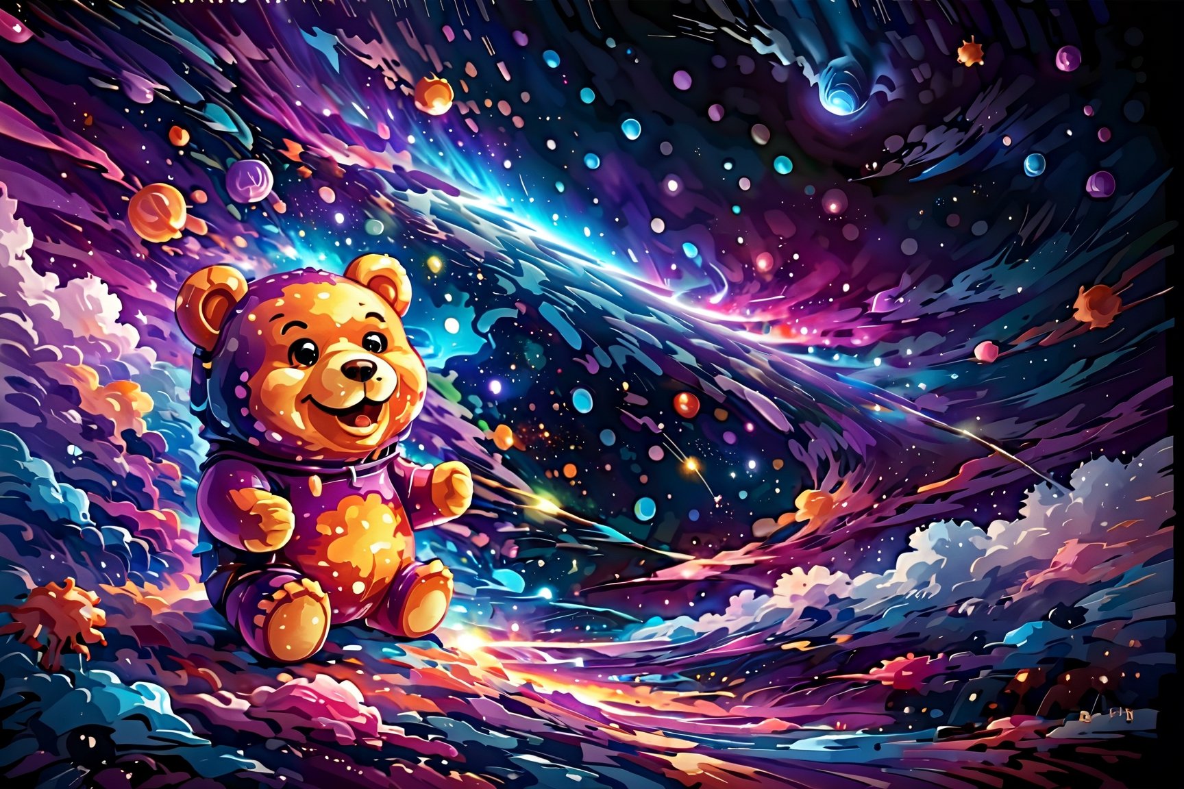 (best quality, 4k, 8k, highres, masterpiece:1.2), ultra-detailed,T-shirt design,illustration, gummy bear on a black background with a splash of paint,vector illustration,white background,v0ng44g