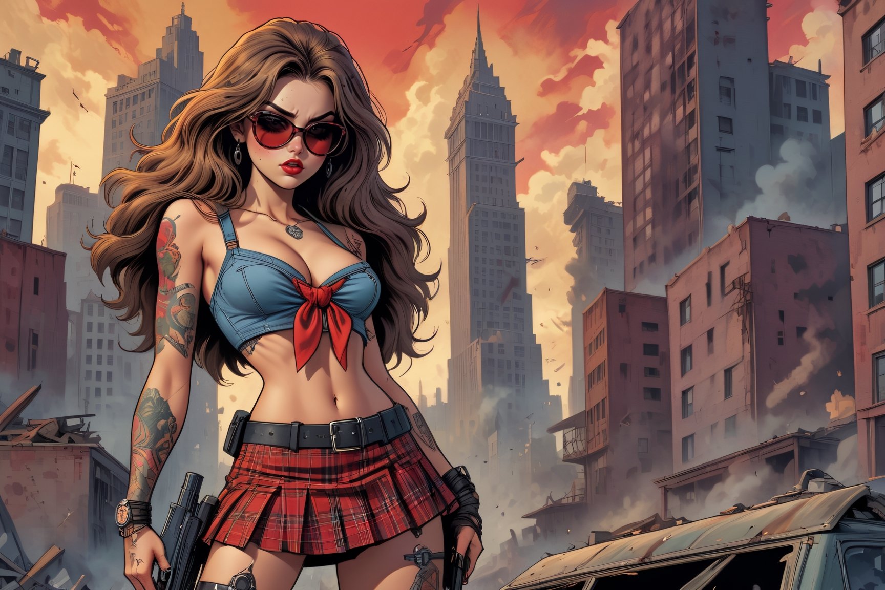 vintage comic book illustration of a a killer woman in a schoolgirl plaid miniskirt, showing breasts, wearing sunglasses at a dystopian city, full body, long wild hair, tattooed hands and body, sexy body, armed with a gun pointing at the camera, detailed gorgeous face, apocalyptic environment,  exquisite detail, 30-megapixel, 4k, small red tie between the breasts, facing camera, looking into camera, kissing into camera 
 ,Flat vector art,Vector illustration, <lora:659095807385103906:1.0>,<lora:659095807385103906:1.0>