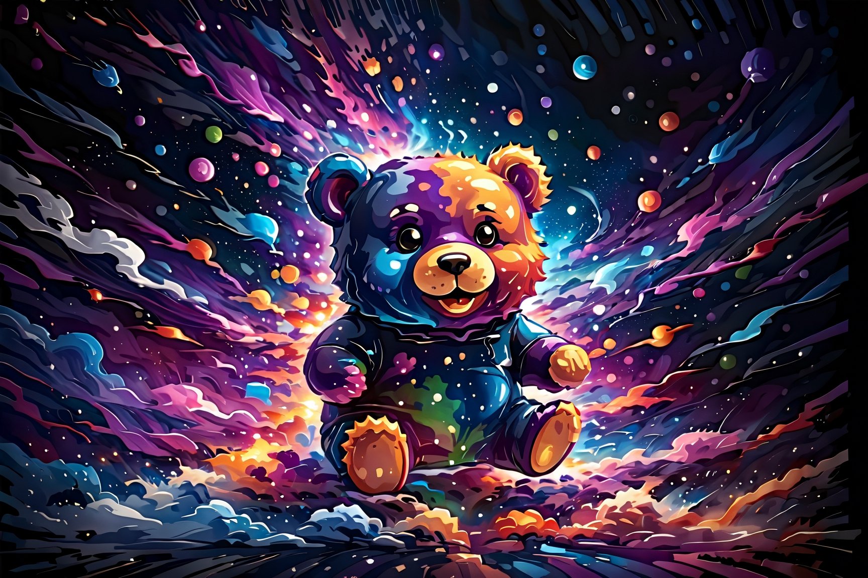 (best quality, 4k, 8k, highres, masterpiece:1.2), ultra-detailed,T-shirt design,illustration, gummy bear on a black background with a splash of paint,vector illustration,white background,v0ng44g