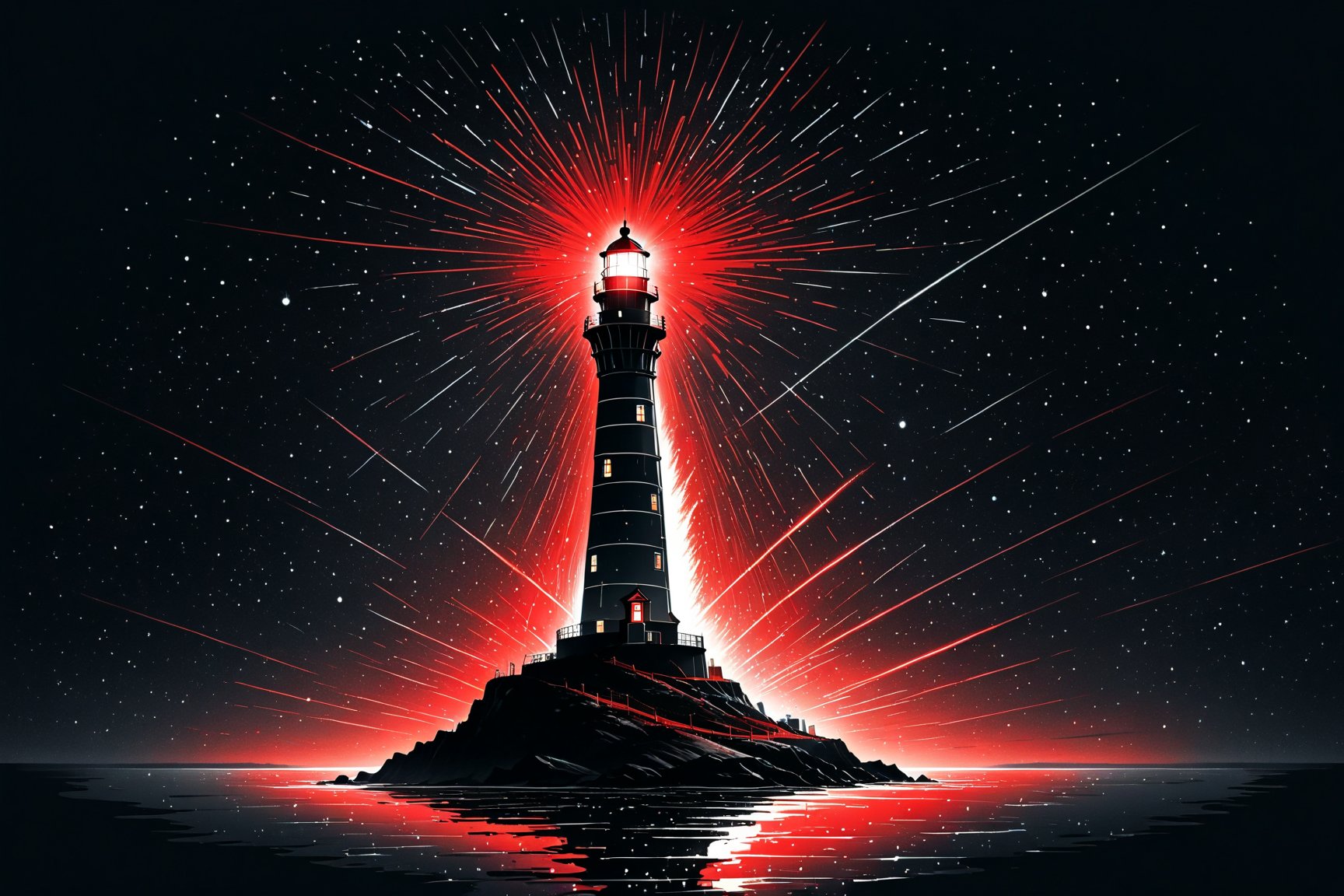 A lonely lighthouse in a sky full of stars, with an intense ray of light coming out of the lighthouse, ((drawing lines)), drawing in (black, withe and red), thick lines, filagree, realistic, white background, monster, Leonardo Style,Pencil Draw,Fashion Illustration,Flat vector art,pencil sketch,lineart