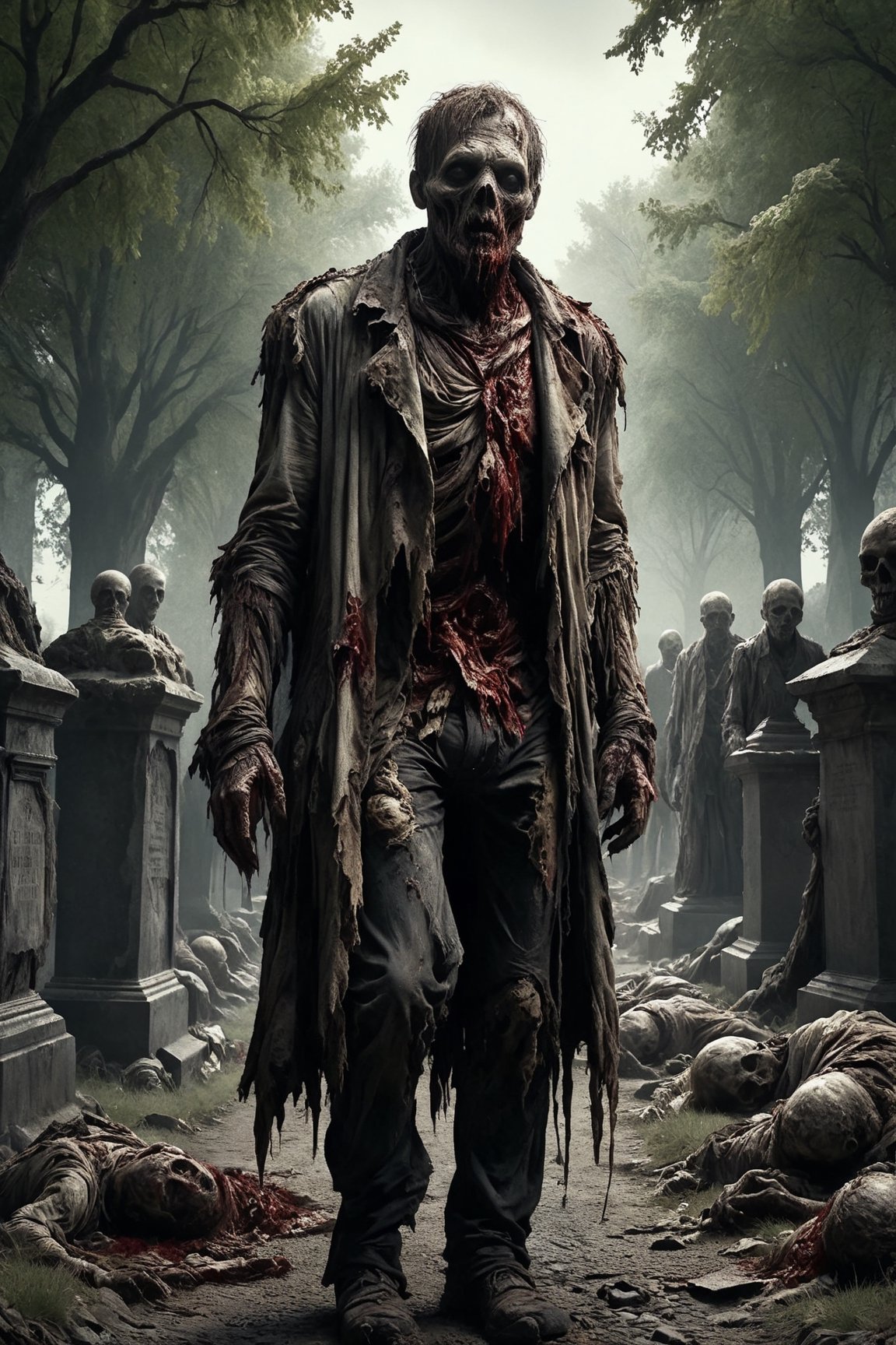 a zombie, putrid skin, disfigured features, torn, dirty and bloody clothes, walking along a path that borders a graveyard, bodies on the ground, spooky atmosphere and atmosphere of terror ,16k UHD, extreme realism, maximum definitions, ultra detail,monster,steampunk style