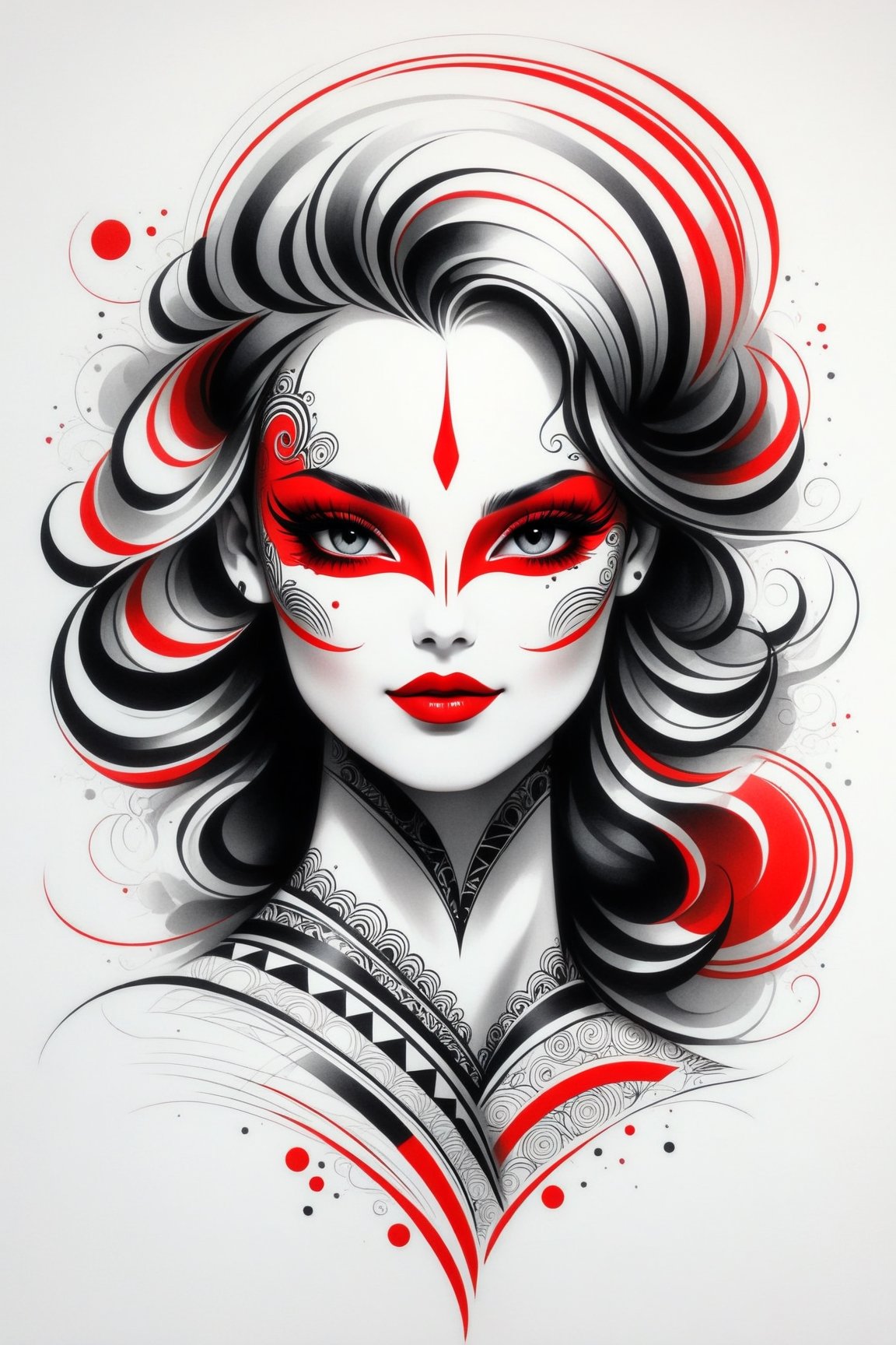 lineart tattoo design, geometric forms with red stripes superimposed, ((drawing lines)), drawing in black and withe, thick lines, filagree, realistic, silkscreen dot pattern in background, white background, monster, Leonardo Style,Pencil Draw,Fashion Illustration,Flat vector art,pencil sketch