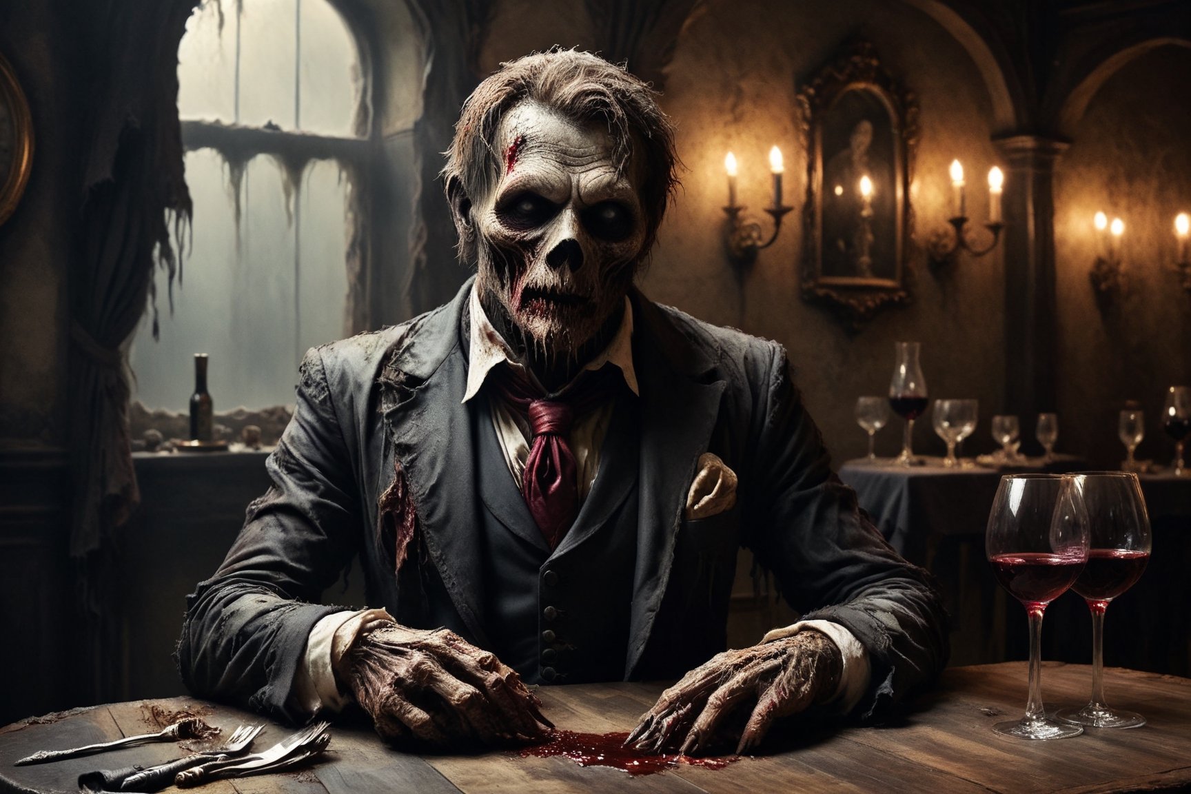 zombie sitting at the table in a luxury restaurant, putrid skin, disfigured features, dressed in an elegant tuxedo, having a glass of wine while waiting for the food, elegant and luxurious atmosphere, spooky atmosphere and atmosphere of terror, elegant glassware and cutlery on the table, 16k UHD, extreme realism, maximum definitions, ultra detail,monster,steampunk style,more detail XL