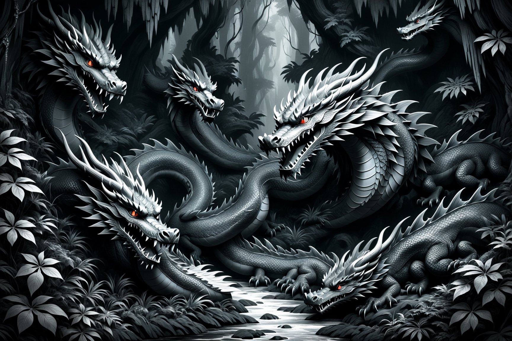 A cave in a dense forest, guarded by dragons, ((drawing lines)), drawing in black and withe, thick lines, filagree, realistic, blackbackgroung, monster, Leonardo Style,Pencil Draw,Fashion Illustration,Flat vector art,pencil sketch,lineart