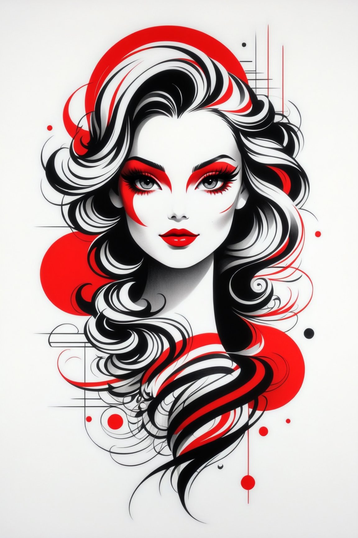 lineart tattoo design, geometric forms with red stripes superimposed, ((drawing lines)), drawing in black and withe, thick lines, filagree, realistic, silkscreen dot pattern in background, white background, monster, Leonardo Style,Pencil Draw,Fashion Illustration,Flat vector art,pencil sketch