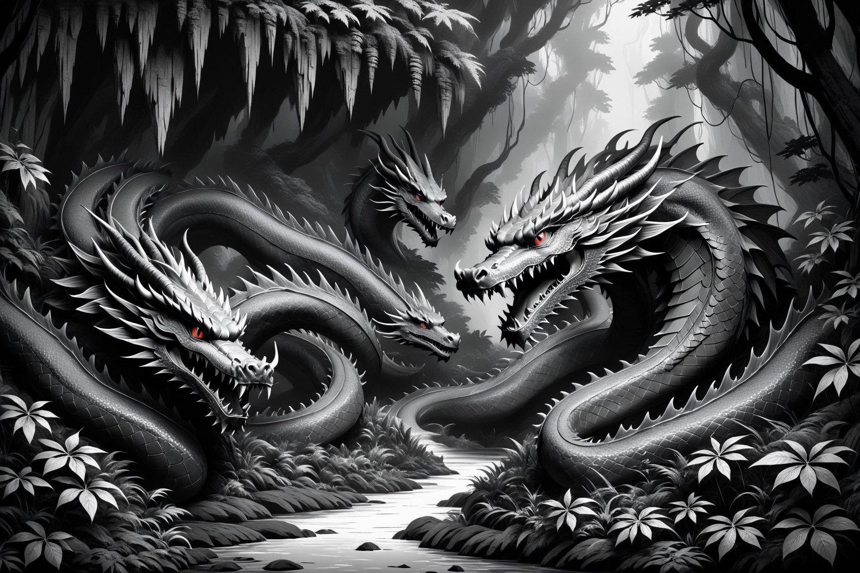 A cave in a dense forest, guarded by dragons, ((drawing lines)), drawing in black and withe, thick lines, filagree, realistic, grey backgroung, monster, Leonardo Style,Pencil Draw,Fashion Illustration,Flat vector art,pencil sketch,lineart