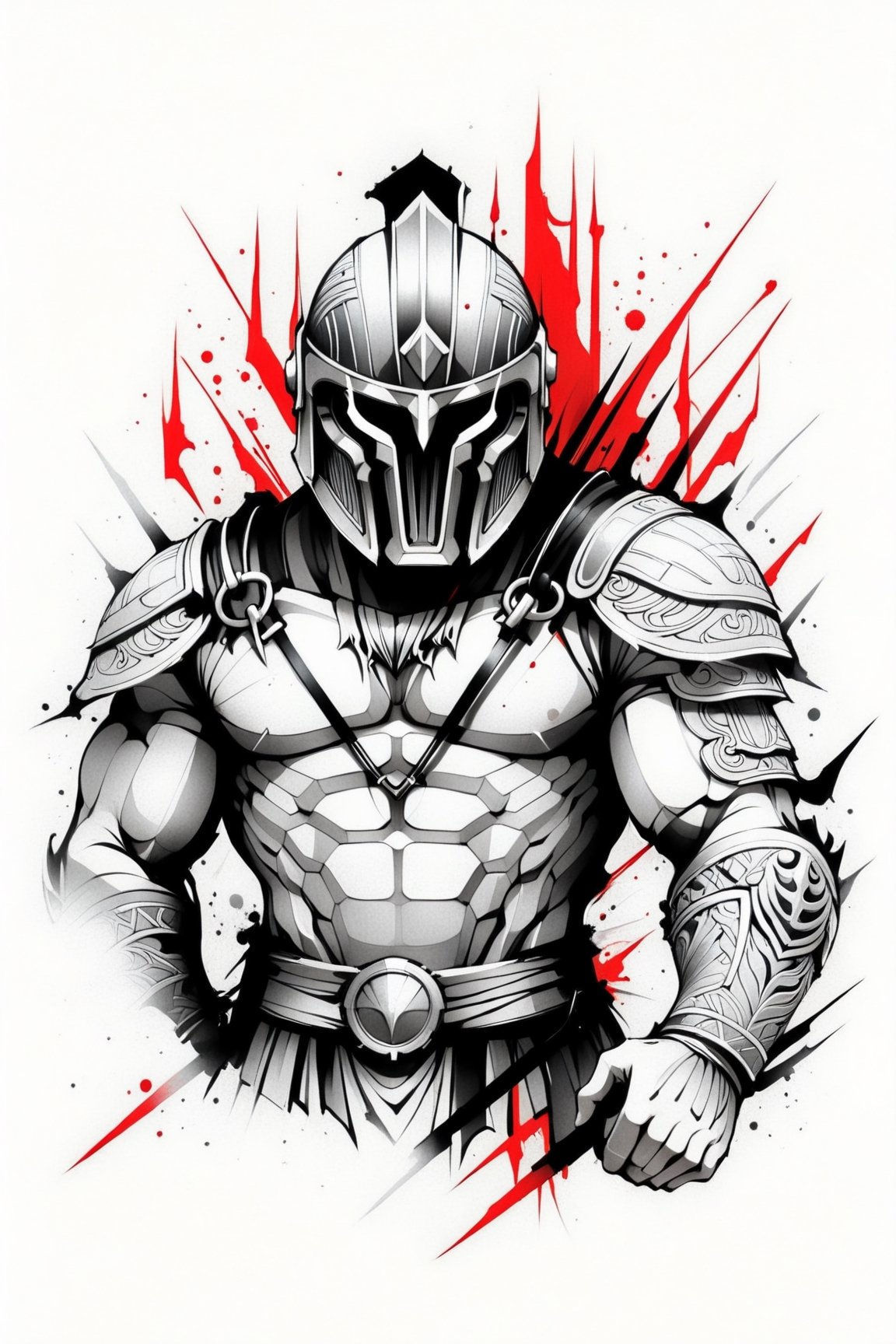 lineart tattoo design, close-up spartan soldier struggling, with helmet, bare chest, bare arms, geometric forms with red sword superimpossed, ((drawing lines)), drawing in black and withe, thick lines, filagree, realistic, silkscreen dot pattern in background, white background, monster, Leonardo Style,Pencil Draw,Fashion Illustration,Flat vector art,pencil sketch,1y0n