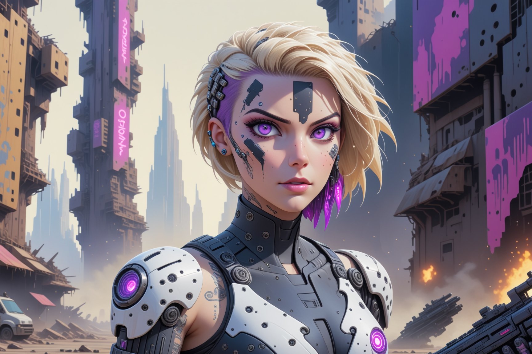 comic book illustration of a portrait of a cyborg woman in a dystopian city, wearing black and white cyborg suit, cyborg arm, wearing futuristic glasses, (((only one woman))), cyborg parts in face, short blonde with violet highlights hair, tattooed  body, full color, vibrant colors, armed with a gun, 
sexy body, detailed gorgeous face, lonely environment, jellyfish with jewels in foreground, dystopian city with droids in background, exquisite detail,  30-megapixel, 4k, Flat vector art, Vector illustration, Illustration,cyborg style,cyborg,<lora:659095807385103906:1.0>