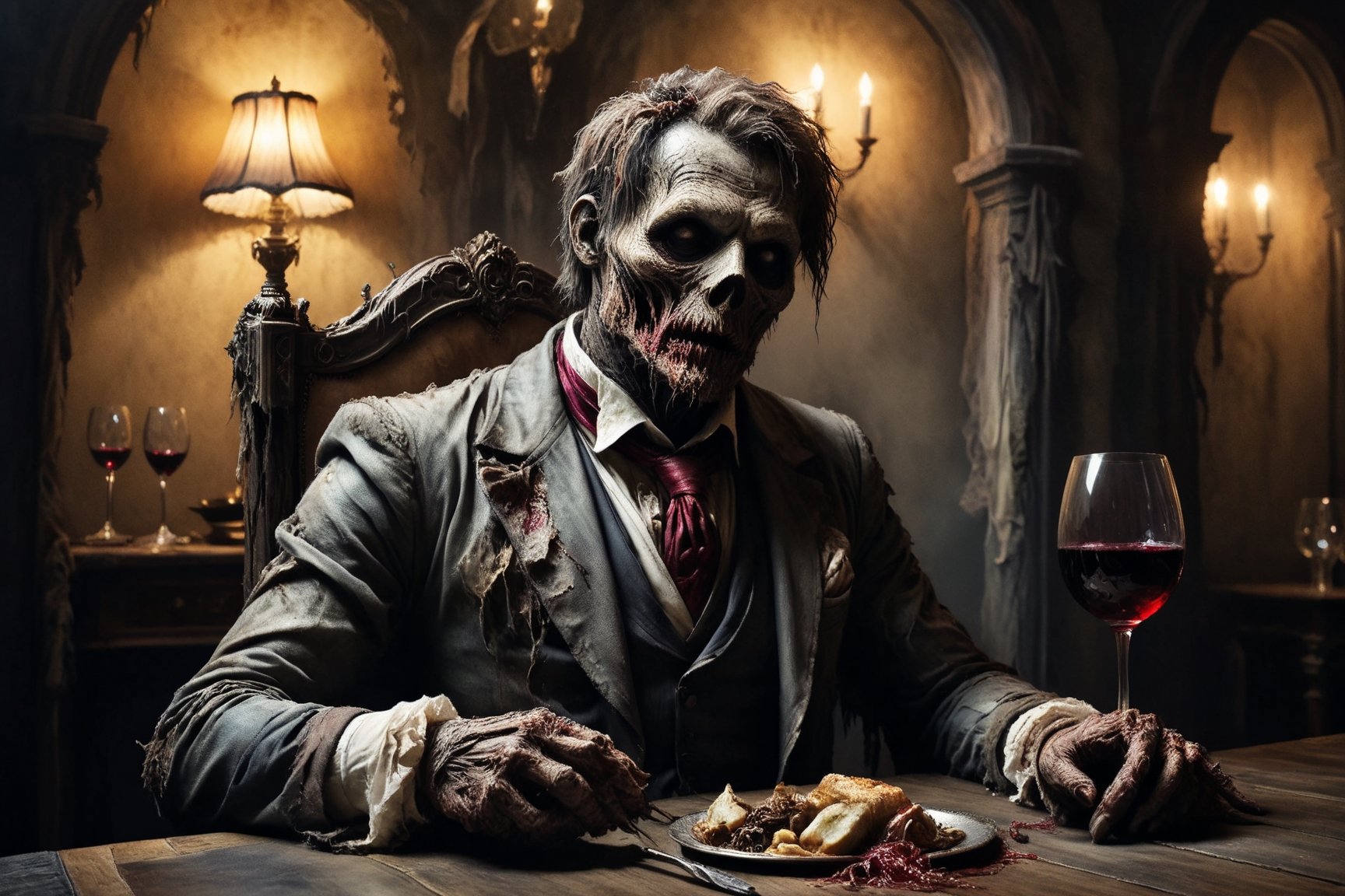 zombie sitting at the table in a luxury restaurant, putrid skin, disfigured features, dressed in an elegant tuxedo, having a glass of wine while waiting for the food, elegant and luxurious atmosphere, spooky atmosphere and atmosphere of terror, elegant glassware and cutlery on the table, 16k UHD, extreme realism, maximum definitions, ultra detail,monster,steampunk style,more detail XL