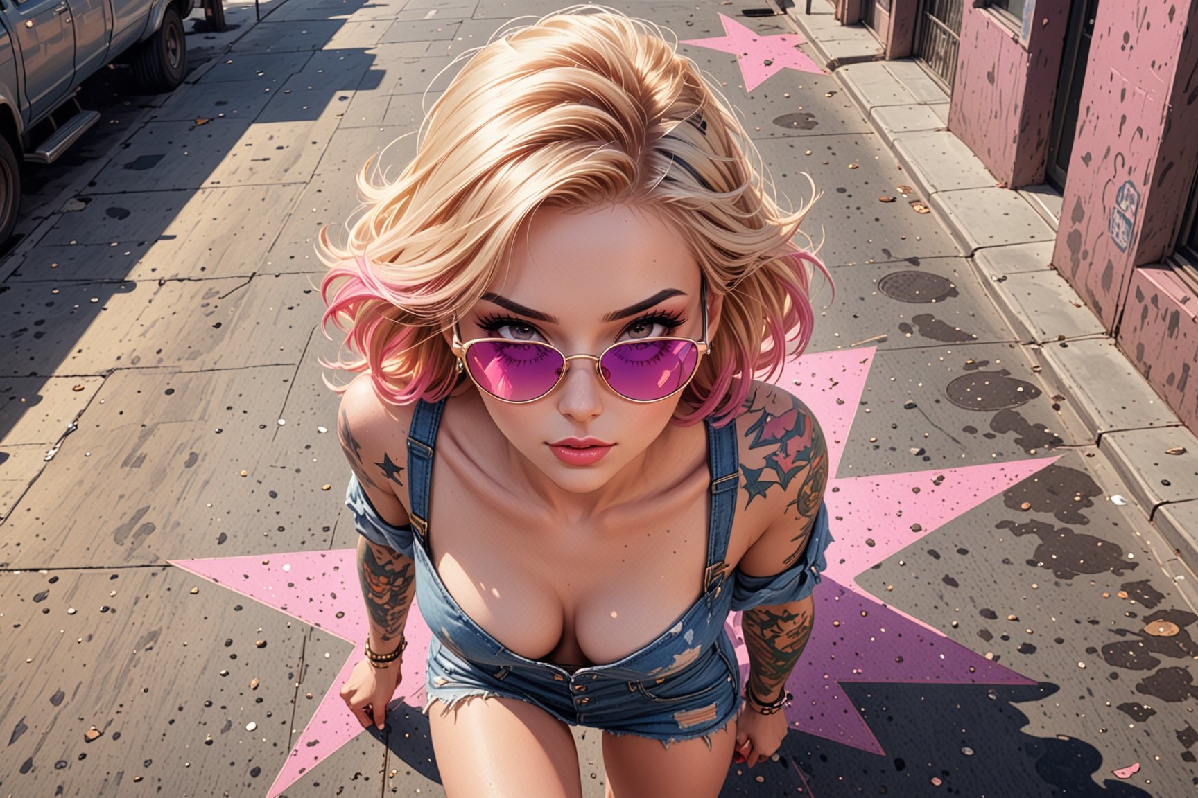 view from above of a comic book illustration of a portrait of a woman walking through Los Angeles, wearing sexy dress, wearing sunglasses, wearing jeans, (((only one woman))), lightly open lips, short blonde with pink highlights hair, tattooed  body, full color, vibrant colors, 
sexy body, detailed gorgeous face, lonely environment, Big golden stars on the ground, Hollywood Walk of Fame in background, exquisite detail,  30-megapixel, 4k, Flat vector art, Vector illustration, Illustration,,,<lora:659095807385103906:1.0>