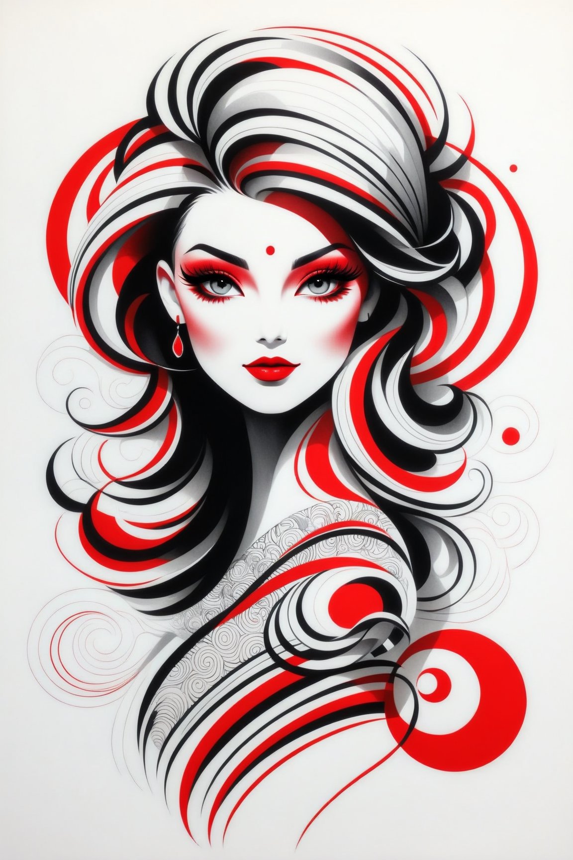 lineart tattoo design, geometric forms with red stripes superimposed, ((drawing lines)), drawing in black and withe, thick lines, filagree, realistic, silkscreen dot pattern in background, white background, monster, Leonardo Style,Pencil Draw,Fashion Illustration,Flat vector art,pencil sketch
