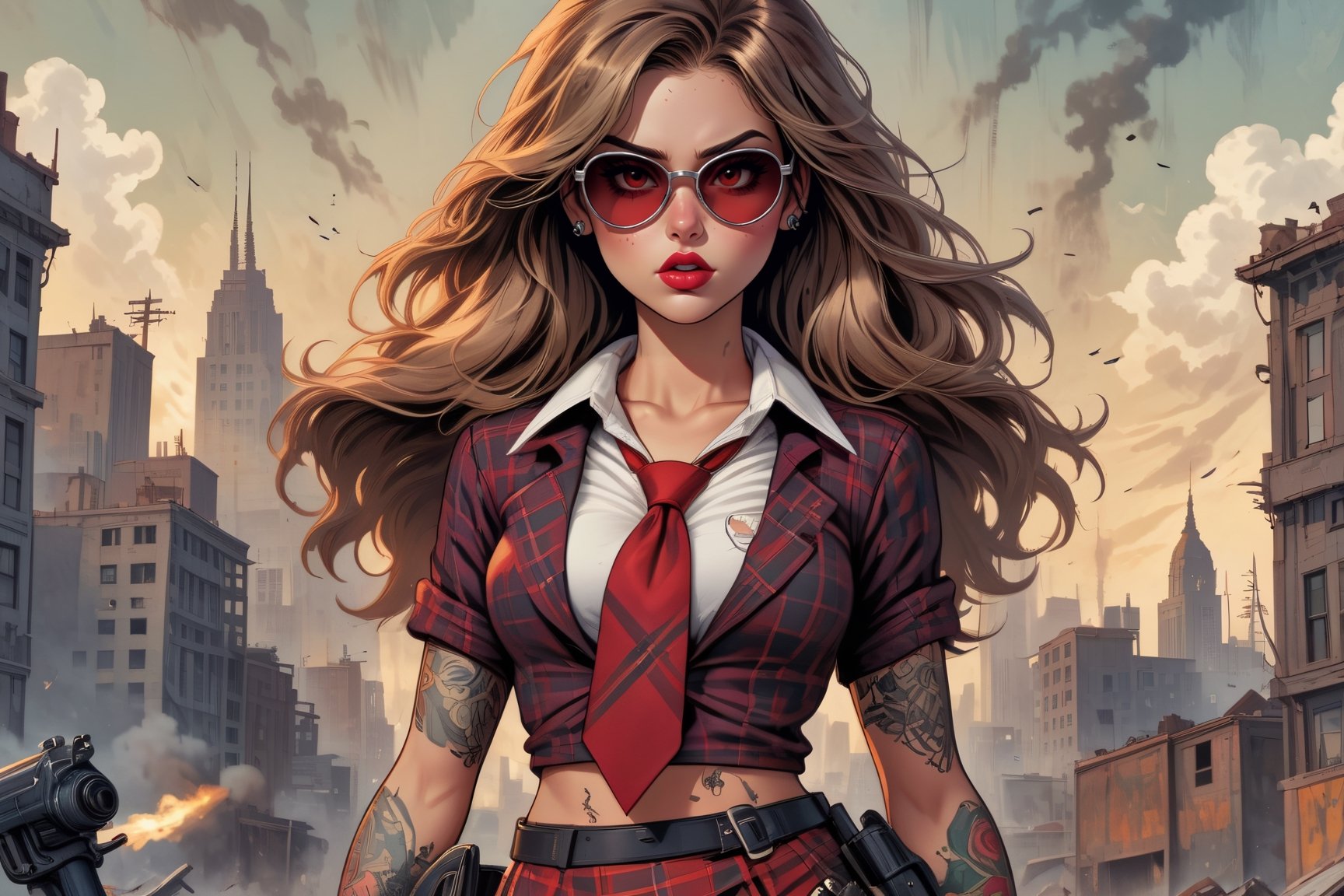 vintage comic book illustration of a a killer woman in a schoolgirl outfit wearing sunglasses at a dystopian city, full body, long wild hair, tattooed hands and body, sexy body, armed with a gun pointing at the camera, detailed gorgeous face, apocalyptic environment,  exquisite detail, 30-megapixel, 4k, plaid miniskirt, open white shirt, small red tie between the breasts, facing camera, looking into camera, kissing into camera 
 ,Flat vector art,Vector illustration, <lora:659095807385103906:1.0>,<lora:659095807385103906:1.0>