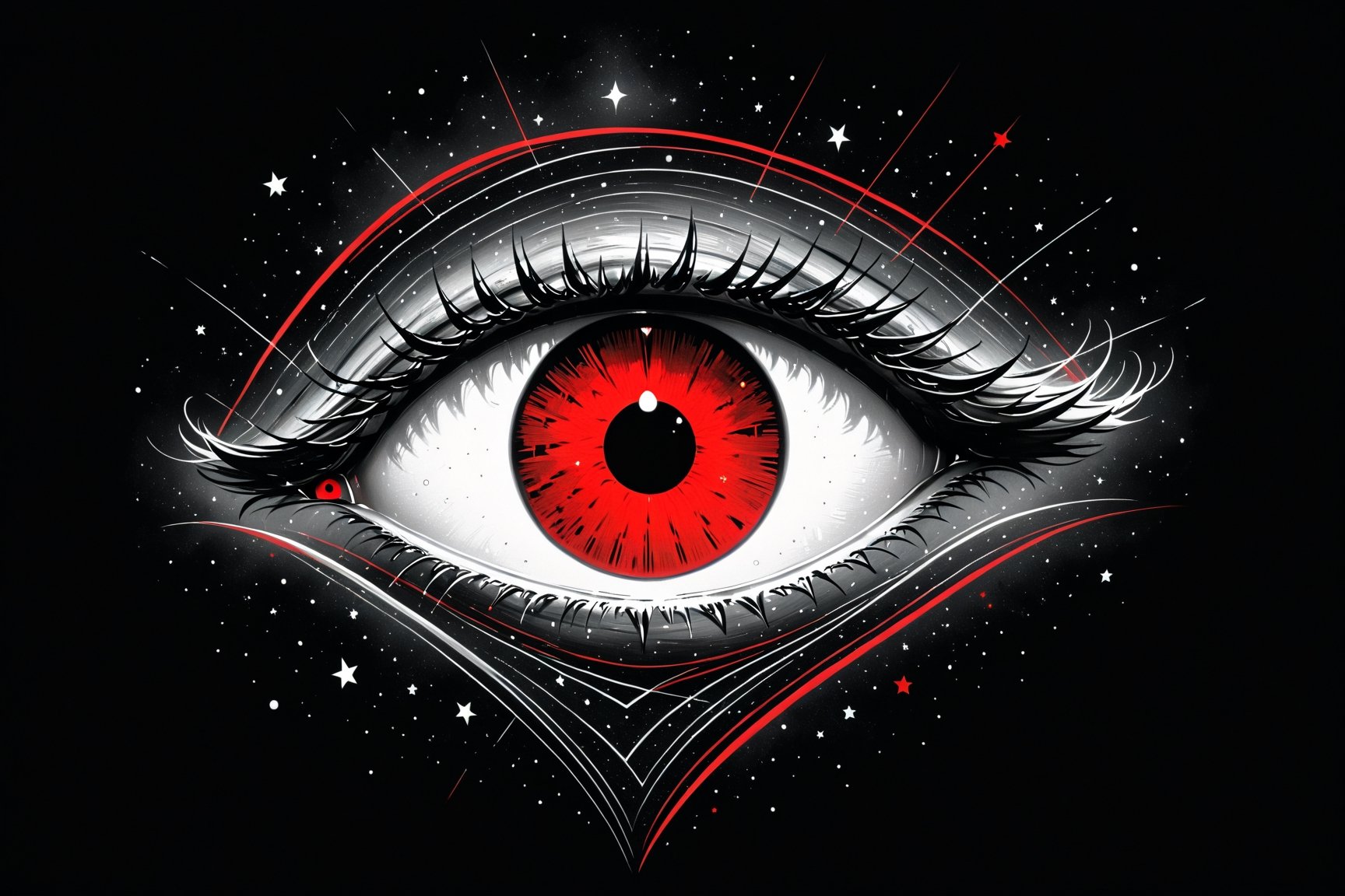 A lonely heart-shaped eye in a sky full of stars, ((drawing lines)), drawing in (black, withe and red), thick lines, filagree, realistic, grey background, monster, Leonardo Style,Pencil Draw,Fashion Illustration,Flat vector art,pencil sketch,lineart