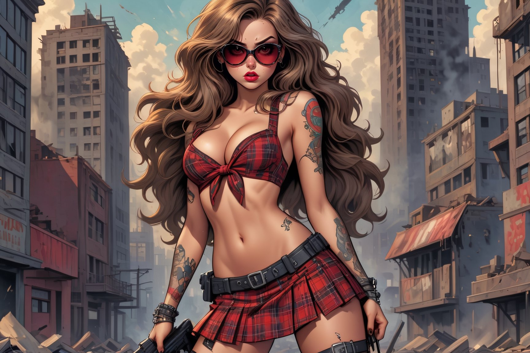 vintage comic book illustration of a a killer woman in a schoolgirl plaid miniskirt, showing breasts, wearing sunglasses at a dystopian city, full body, long wild hair, tattooed hands and body, sexy body, armed with a gun pointing at the camera, detailed gorgeous face, apocalyptic environment,  exquisite detail, 30-megapixel, 4k, small red tie between the breasts, facing camera, looking into camera, kissing into camera 
 ,Flat vector art,Vector illustration, <lora:659095807385103906:1.0>,<lora:659095807385103906:1.0>