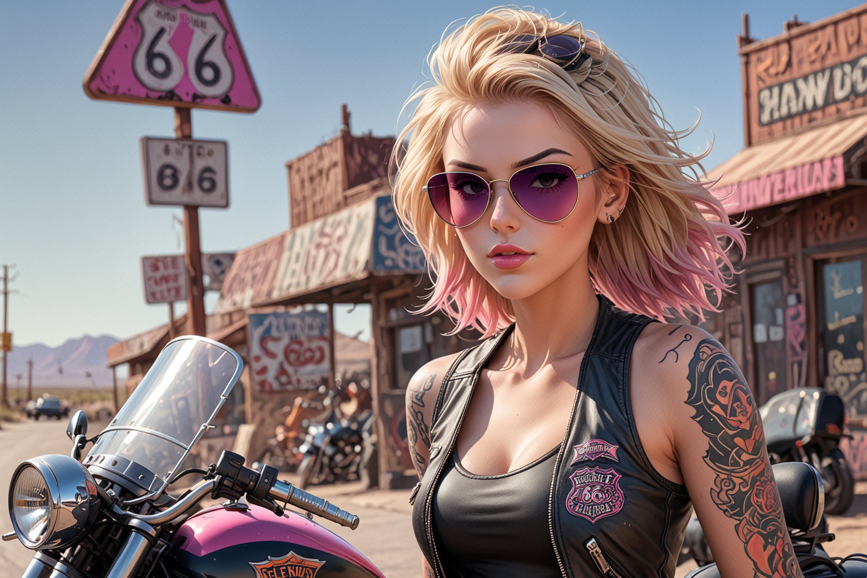 comic book illustration of a portrait of a woman on route 66, wearing black tank top, wearing sunglasses, wearing black leather jacket, (((only one woman))), lightly open lips, short blonde with pink highlights hair, tattooed  body, full color, vibrant colors, showing tits under the tank top, 
sexy body, detailed gorgeous face, harley davidson, route66 road sign:1.3, route 66 environment, route 66 in background, exquisite detail,  30-megapixel, 4k, Flat vector art, Vector illustration, Illustration,,<lora:659095807385103906:1.0>