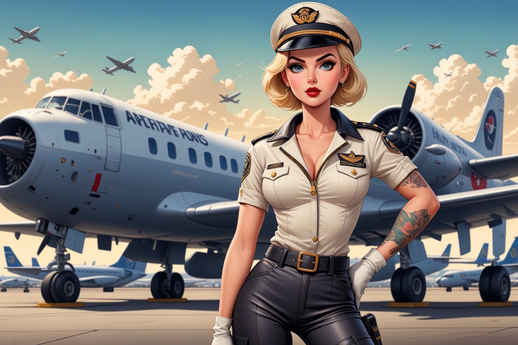 vintage comic book illustration of a commercial aviation captain woman at the airport, airport background, short blonde hair, wearing aviation captain jacket, leather pants, aviation captain cap, wearing white blouse, showing small breast under the bloue, great cleavage, sexy body, black lips, tattooed body, detailed gorgeous face, exquisite detail, ((full body)), 30-megapixel, 4k, Flat vector art, Vector illustration, Illustration, <lora:659095807385103906:1.0>,,rubber_hose_character,<lora:659095807385103906:1.0>