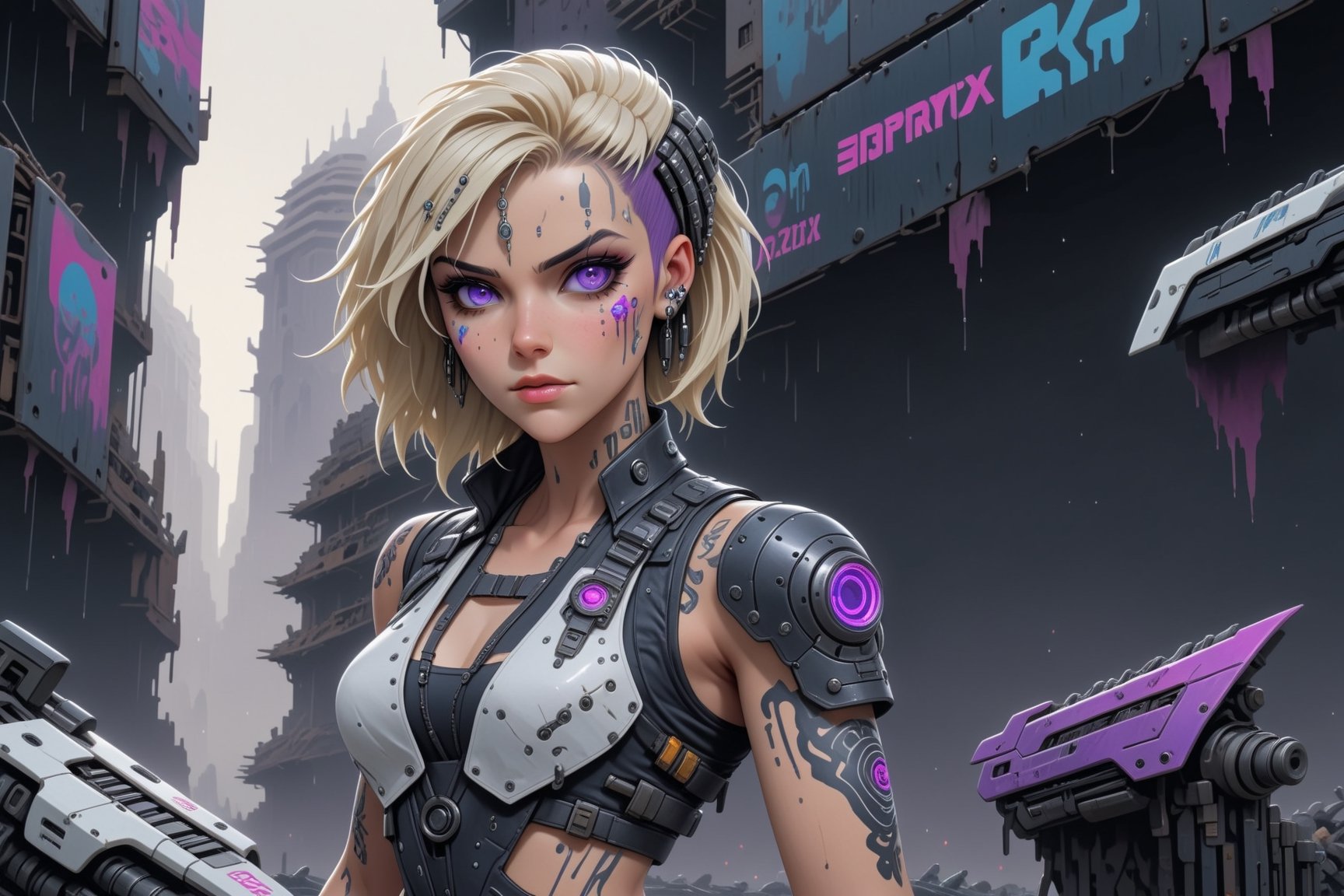 comic book illustration of a cyborg woman in a dystopian city, wearing black leather jacket, wearing short jeans, wearing white tank top, ((one of the arms is a complete cyborg arm)), wearing futuristic sunglasses, (((only one woman))), cyborg parts in face, short violet with blonde highlights hair, tattooed  body, full color, vibrant colors, armed with a gun in her hand, 
sexy body, detailed gorgeous face, lonely environment, jellyfish with jewels in foreground, dystopian city with droids in background, exquisite detail,  30-megapixel, 4k, Flat vector art, Vector illustration, Illustration,cyborg style,cyborg,valkyrie,<lora:659095807385103906:1.0>