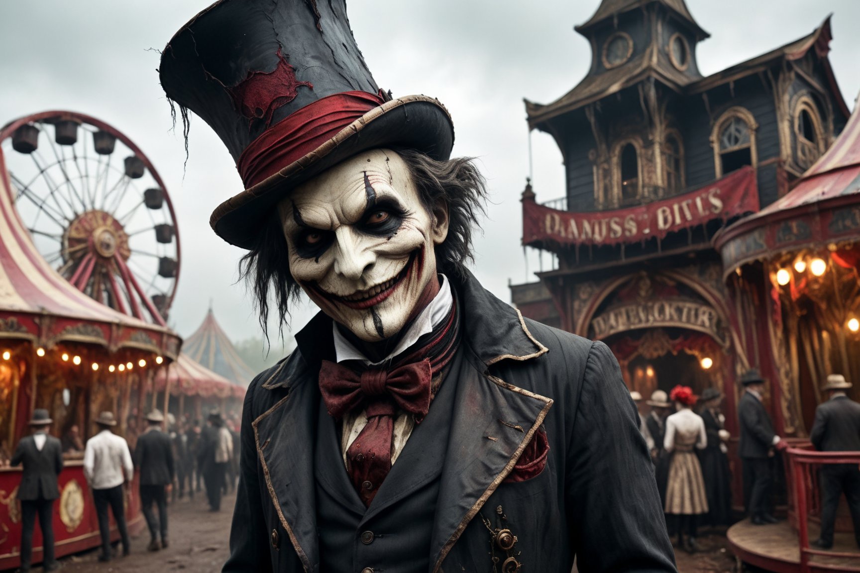 a carnival figure with twisted features, a top hat, and a sinister smile, carnival reds, ominous blacks and unsettling whites, sinister and ominous, disfigured features, dirty and bloody clothes, amusement park atmosphere, spooky atmosphere and atmosphere of terror, old dilapidated amusement park with kis playing in background, 16k UHD, extreme realism, maximum definitions, ultra detail,monster,steampunk style,more detail XL