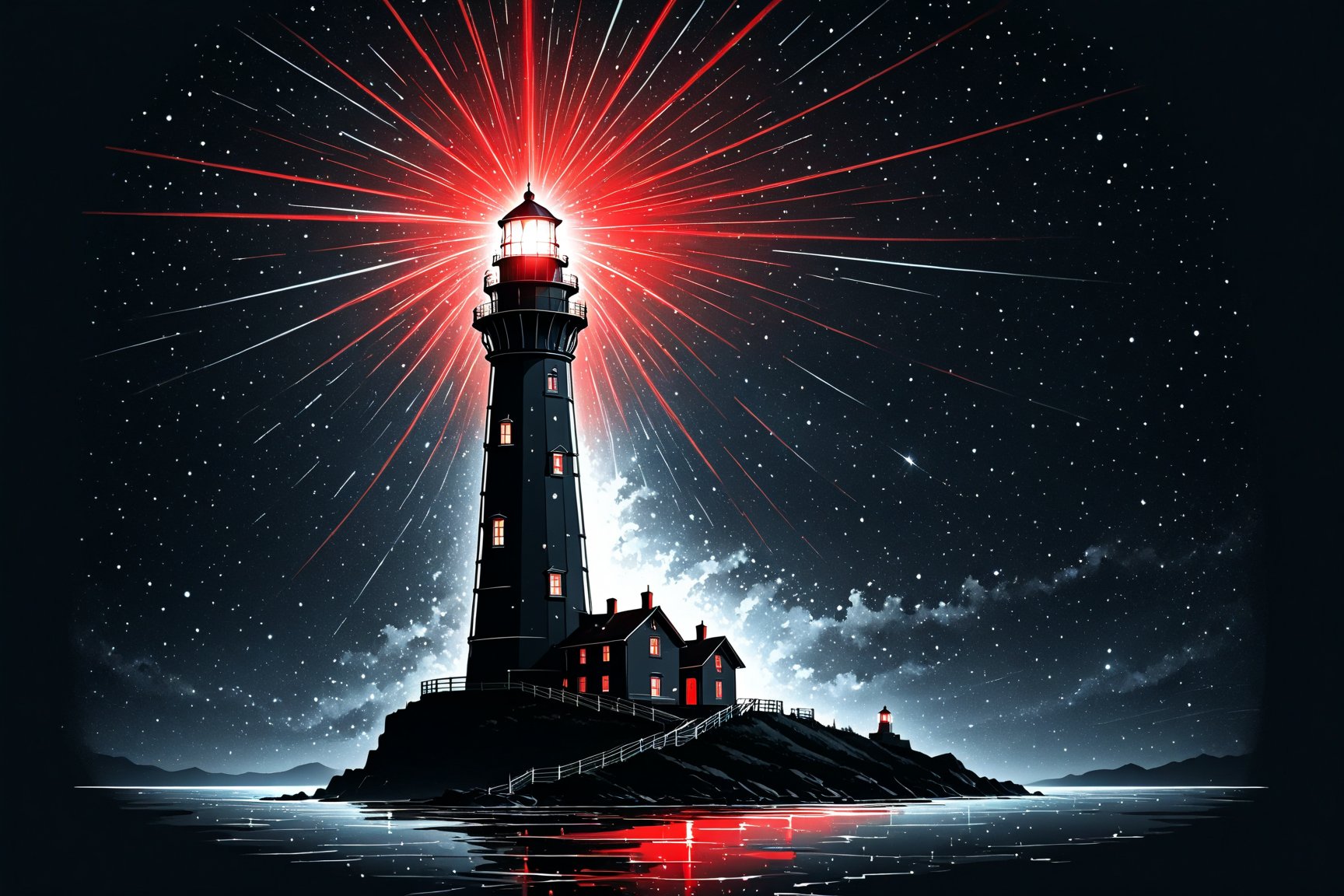 A lonely lighthouse in a sky full of stars, with an intense ray of light, ((drawing lines)), drawing in (black, withe and red), thick lines, filagree, realistic, white background, monster, Leonardo Style,Pencil Draw,Fashion Illustration,Flat vector art,pencil sketch,lineart