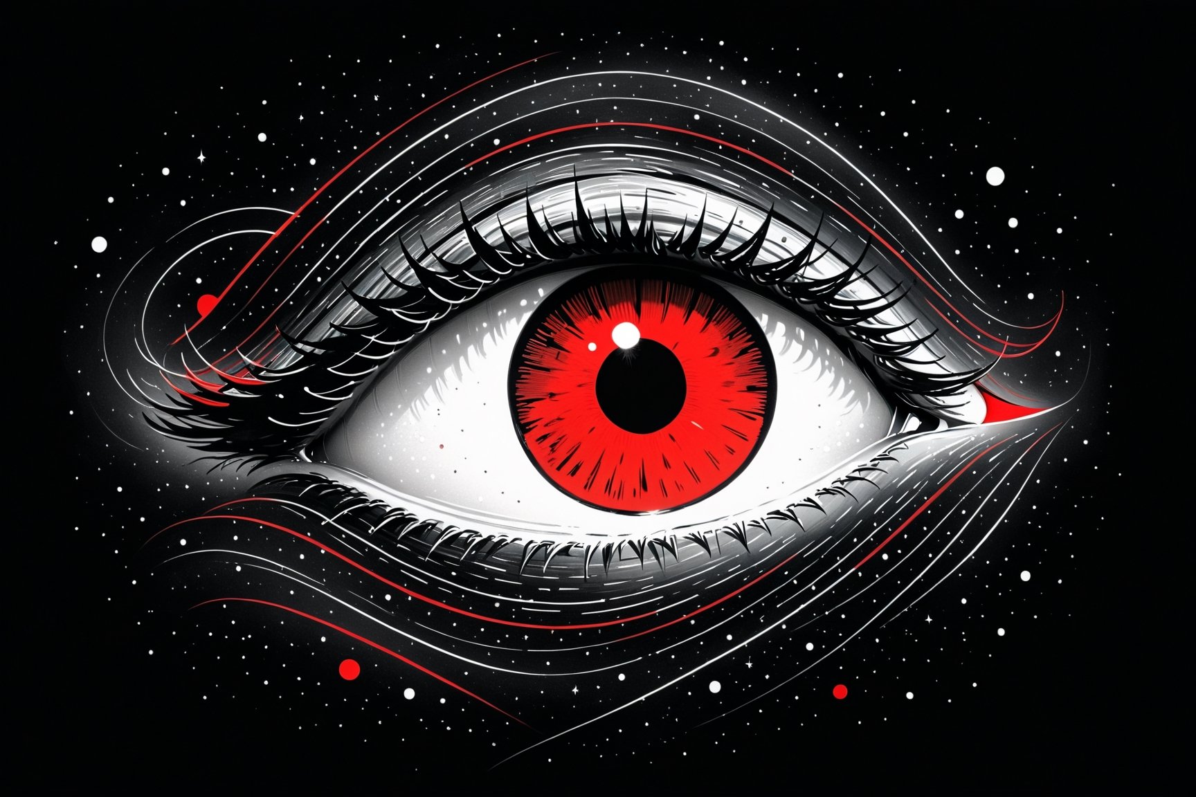 A lonely heart-shaped eye in a background full of stars, ((drawing lines)), drawing in (black, withe and red), thick lines, filagree, realistic, ((white background)), monster, Leonardo Style,Pencil Draw,Fashion Illustration,Flat vector art,pencil sketch,lineart