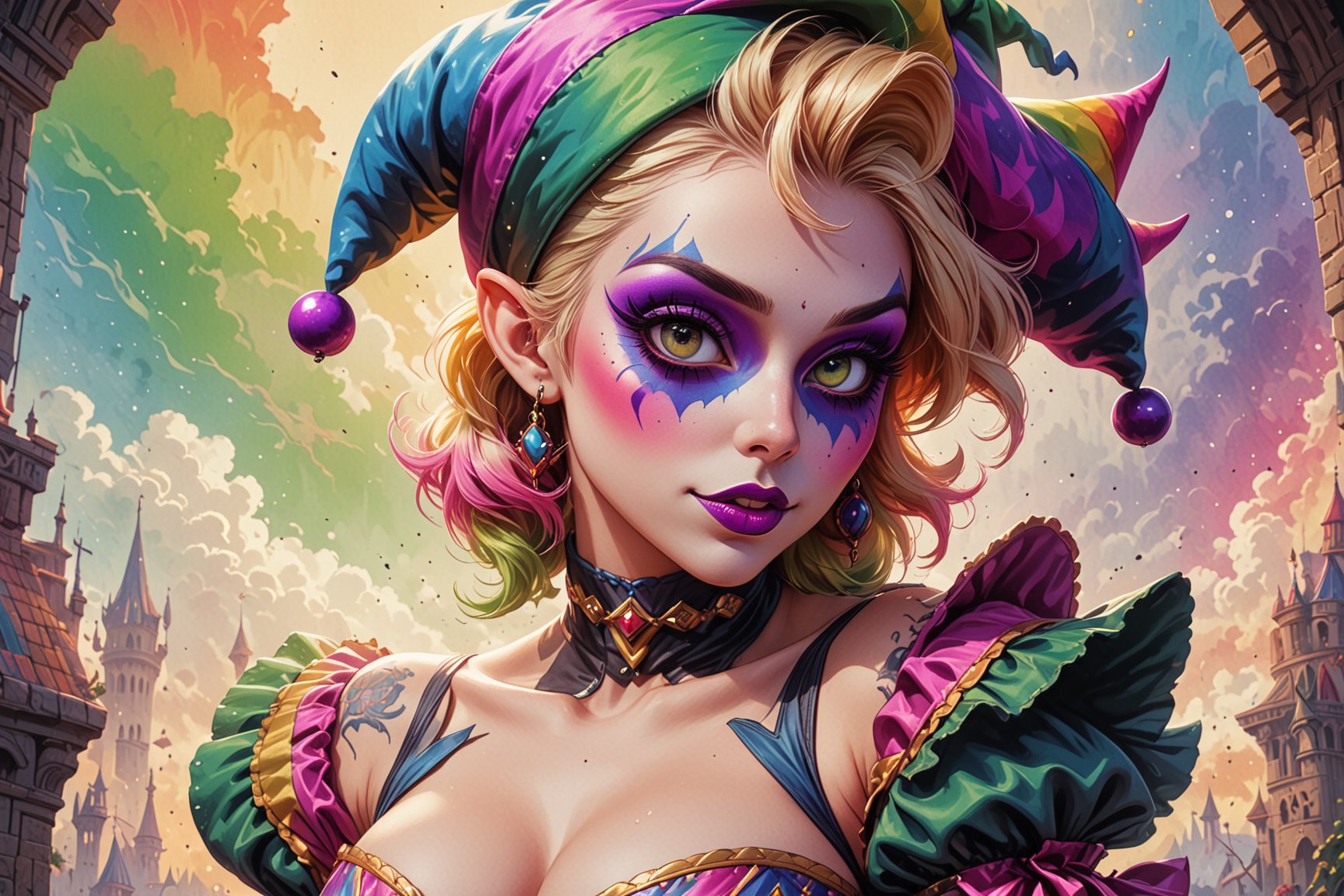 comic book illustration of a portrait of a sexy jester woman, with jester hat with 3 peaks, wearing sexy jester dress, wearing jester makeup, wearing sunglasses, (((only one woman))), lightly open lips, short blonde with pink highlights hair, tattooed  body, full color, vibrant colors, showing tits under the dress, 
sexy body, detailed gorgeous face, lonely environment, rainbow colors background, exquisite detail,  30-megapixel, 4k, Flat vector art, Vector illustration, Illustration,ktrmkp,,,<lora:659095807385103906:1.0>