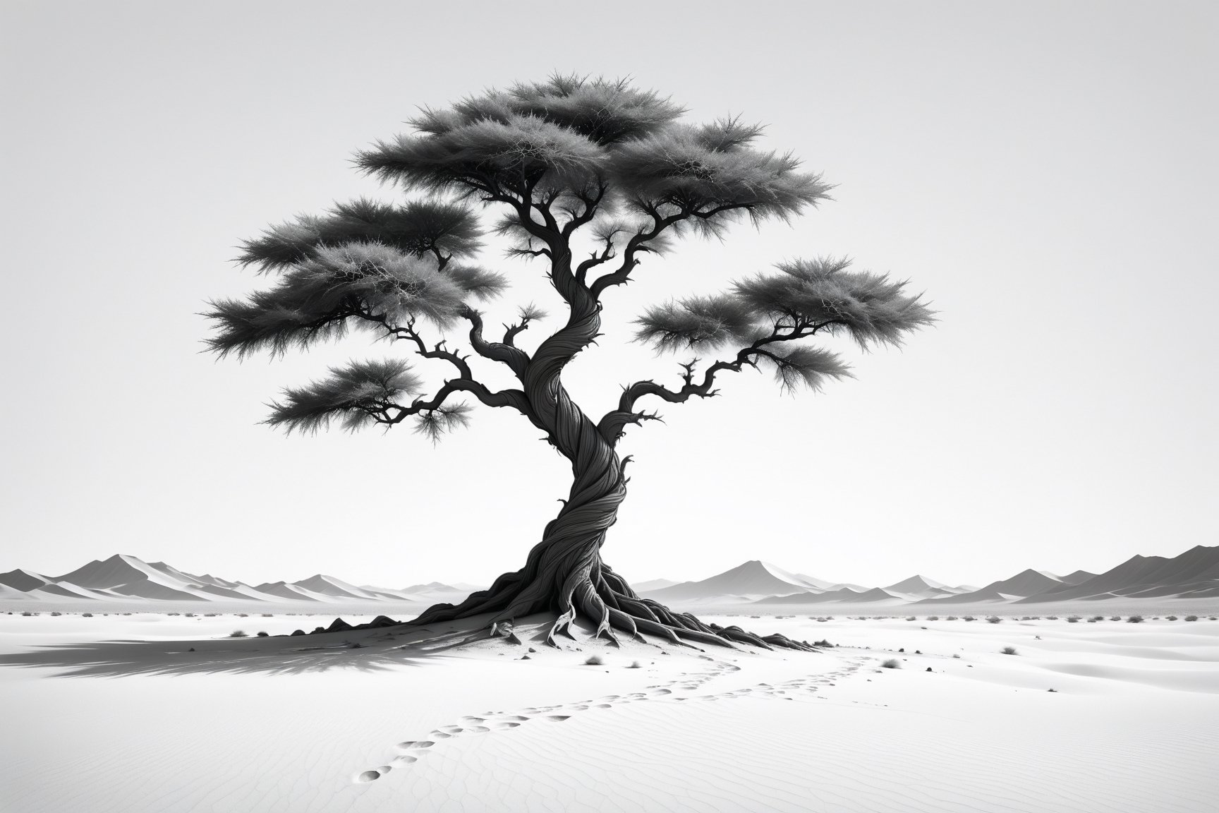 A lonely tree in desert, ((drawing lines)), drawing in black and withe, thick lines, filagree, realistic, white background, monster, Leonardo Style,Pencil Draw,Fashion Illustration,Flat vector art,pencil sketch,lineart