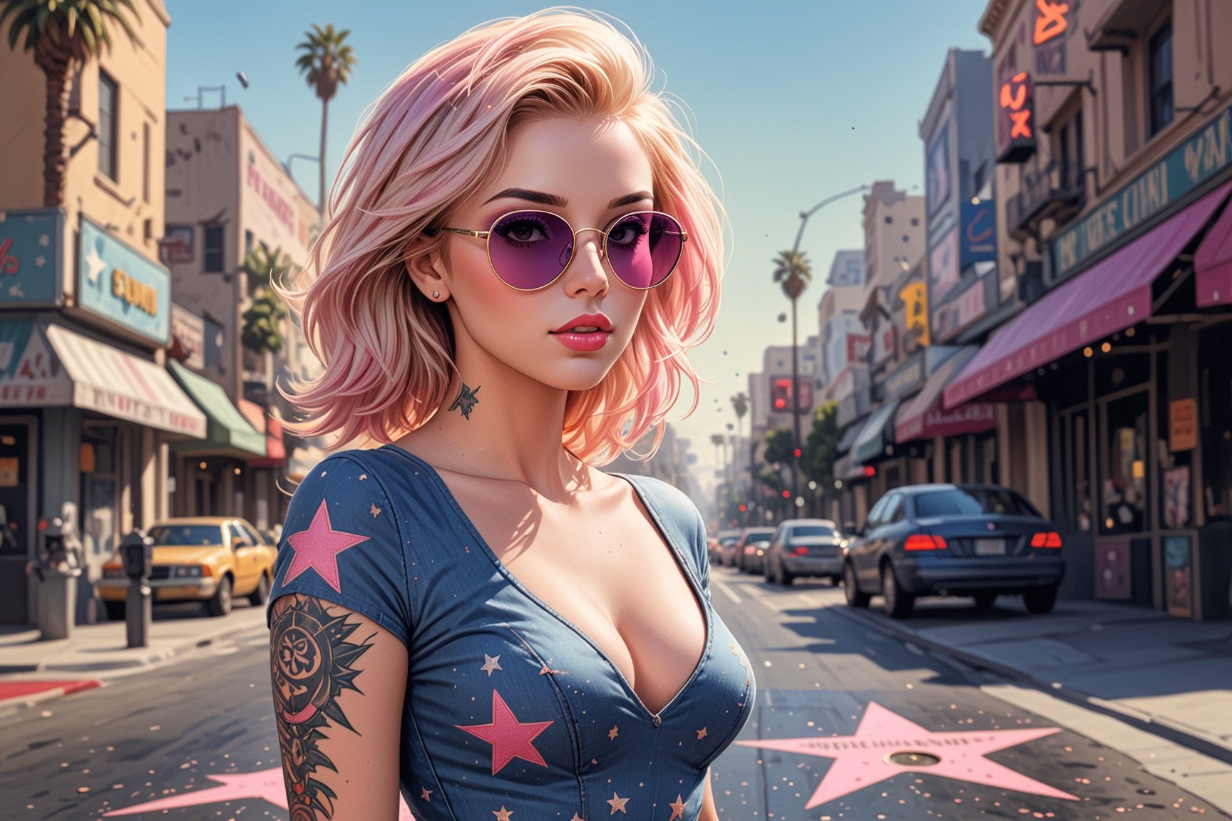 comic book illustration of a portrait of a woman walking through Los Angeles, wearing sexy dress, wearing sunglasses, wearing jeans, (((only one woman))), lightly open lips, short blonde with pink highlights hair, tattooed  body, full color, vibrant colors, 
sexy body, detailed gorgeous face, lonely environment, Big golden stars on the ground, Hollywood Walk of Fame in background, exquisite detail,  30-megapixel, 4k, Flat vector art, Vector illustration, Illustration,,,<lora:659095807385103906:1.0>