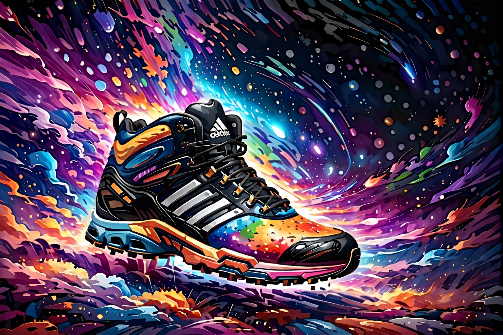 (best quality, 4k, 8k, highres, masterpiece:1.2), ultra-detailed,T-shirt design,illustration, adidas shoes with colorful paint splatters around it on a black background with a splash of paint,vector illustration,white background,v0ng44g