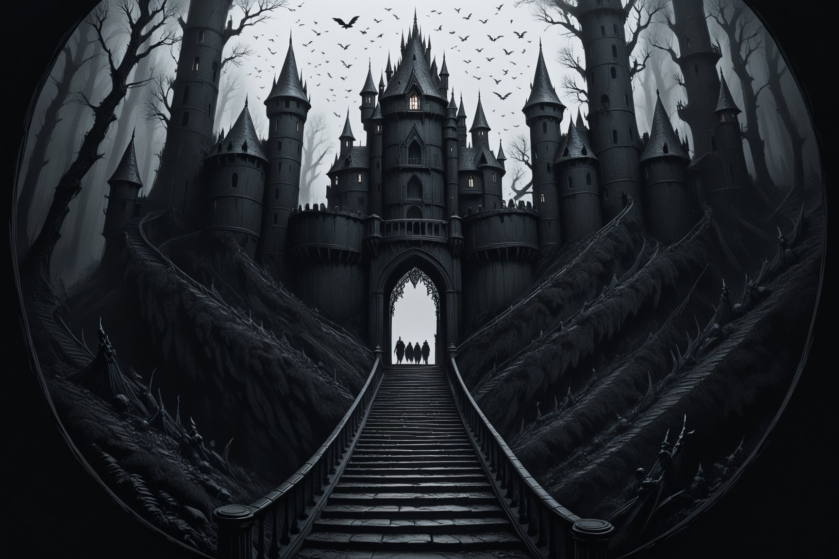 A staircase to an open door in a lonely big Casttle in the dark forest, vultures flying around, ((drawing lines)), drawing in black and withe, thick lines, filagree, realistic, BIg dark Casttle in background, white background, haunting atmosphere, horror environment, monster, Leonardo Style,Pencil Draw,Fashion Illustration,Flat vector art,pencil sketch,lineart,l0dbg