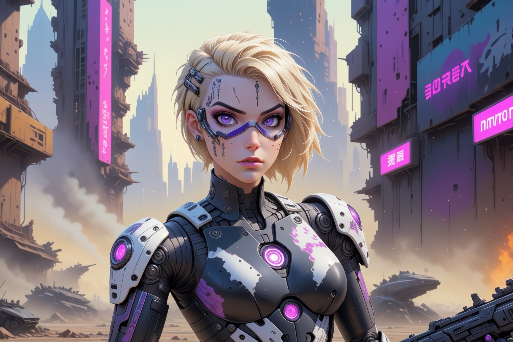 comic book illustration of a portrait of a cyborg woman in a dystopian city, wearing black and white cyborg suit, cyborg arm, wearing futuristic glasses, (((only one woman))), cyborg parts in face, short blonde with violet highlights hair, tattooed  body, full color, vibrant colors, armed with a gun in her hand, 
sexy body, detailed gorgeous face, lonely environment, jellyfish with jewels in foreground, dystopian city with droids in background, exquisite detail,  30-megapixel, 4k, Flat vector art, Vector illustration, Illustration,cyborg style,cyborg,<lora:659095807385103906:1.0>