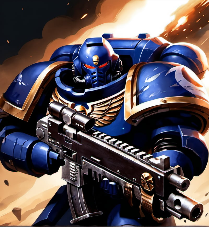 Create a 2D avatar of an Ultramarine Space Marine, featuring blue power armor with gold trim and the iconic white "U" symbol on the shoulder pad. The Marine should hold a bolter rifle, with a fierce battle stance. Use a war-torn battlefield or ruined city as the background, with smoke and flames.