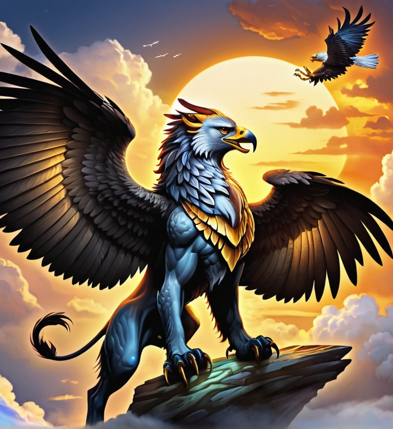 Design a 2D avatar of a powerful griffin, featuring the body of a lion and the wings and head of an eagle. Its feathers should be detailed and majestic, with a golden beak and glowing eyes. Use a background of distant skies or clouds to highlight its flying nature.