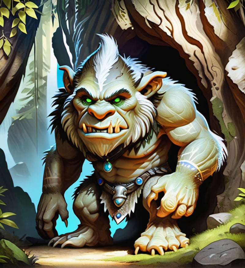 Create a 2D avatar of a massive, lumbering troll with thick, rocky skin and glowing green eyes. The troll should have a club made from a tree trunk, and the design should use earthy tones like brown and gray. The background can include a faint, forested cave for atmosphere.