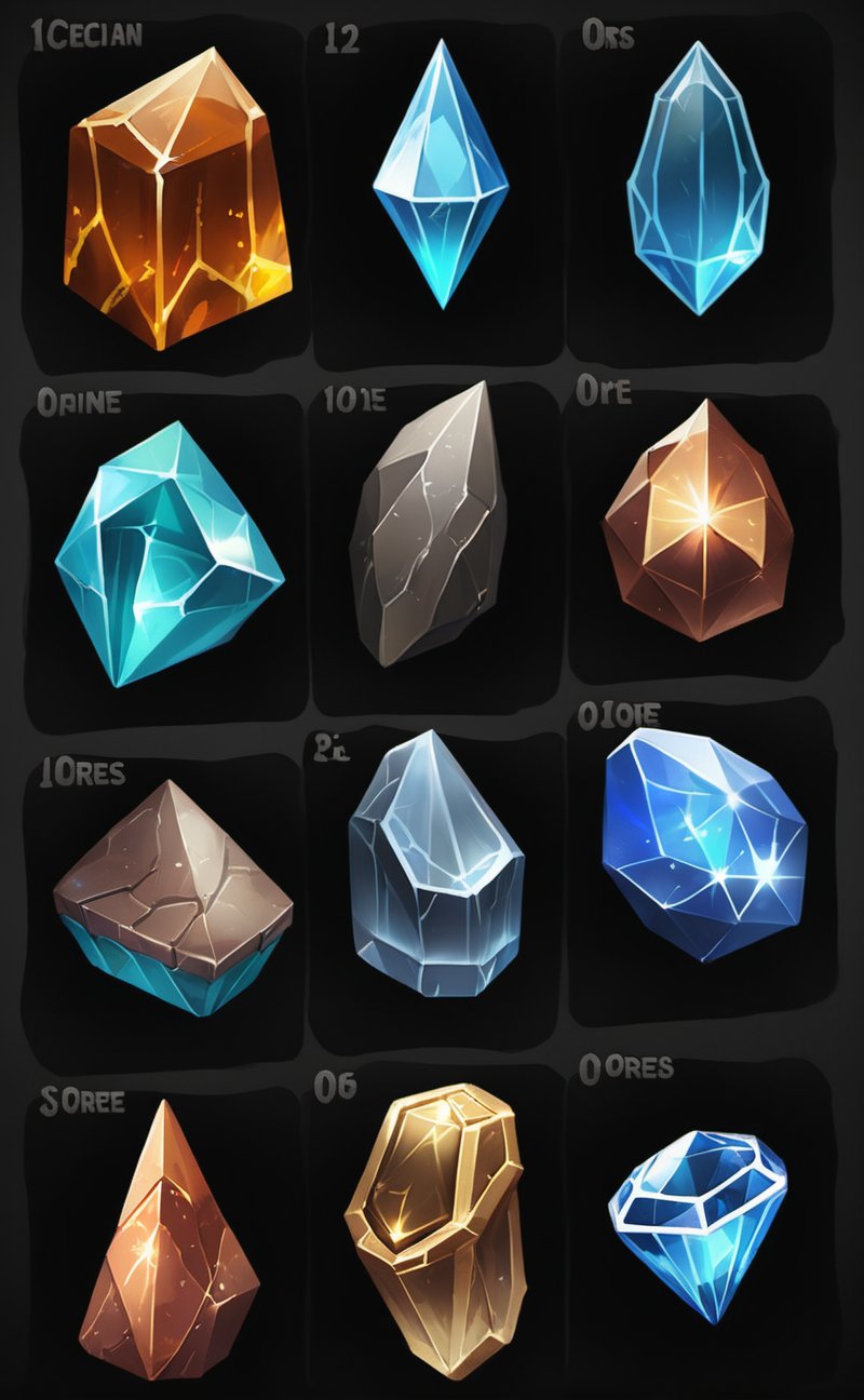 Design a set of 10 distinct 2D ore icons, each representing different types of ores extracted from mines. The ores should have a unique appearance, reflecting their elemental or material composition, such as iron, gold, crystal, and magical ores. Ensure the designs are vibrant, with clean lines and a sense of depth suitable for use in game environments. Each ore should be detailed with a glowing effect or metallic shine to highlight its value. The background should be clean, fully transparent to ensure the ores are clearly visible.

Ore Types to include:

    Iron Ore: A rugged, metallic gray chunk with rough edges and slight rust detailing.

    Gold Ore: A shimmering, golden nugget with soft, glowing accents.

    Silver Ore: A smooth, silver ore with a soft reflective surface and subtle light effects.

    Crystal Ore: A translucent blue crystal with sharp facets, emitting a faint glow.

    Copper Ore: A reddish-brown ore with metallic veins and a warm sheen.

    Emerald Ore: A bright green gemstone-like ore with a polished, vibrant appearance.

    Mithril Ore: A magical, silver-blue ore with a glowing aura and intricate, mystical patterns.

    Obsidian Ore: A dark, glassy ore with sharp edges and a glossy black finish.

    Coal Ore: A rough, black chunk with a matte texture and small dust-like details.

    Diamond Ore: A brilliant, multifaceted diamond with reflective surfaces and light beams.

Ensure all 10 ores are displayed together in a grid or row format, with each ore clearly distinct and rendered in a high-quality 2D style, suitable for game UI icons. The ores should be cleanly arranged without any background clutter or extra elements.