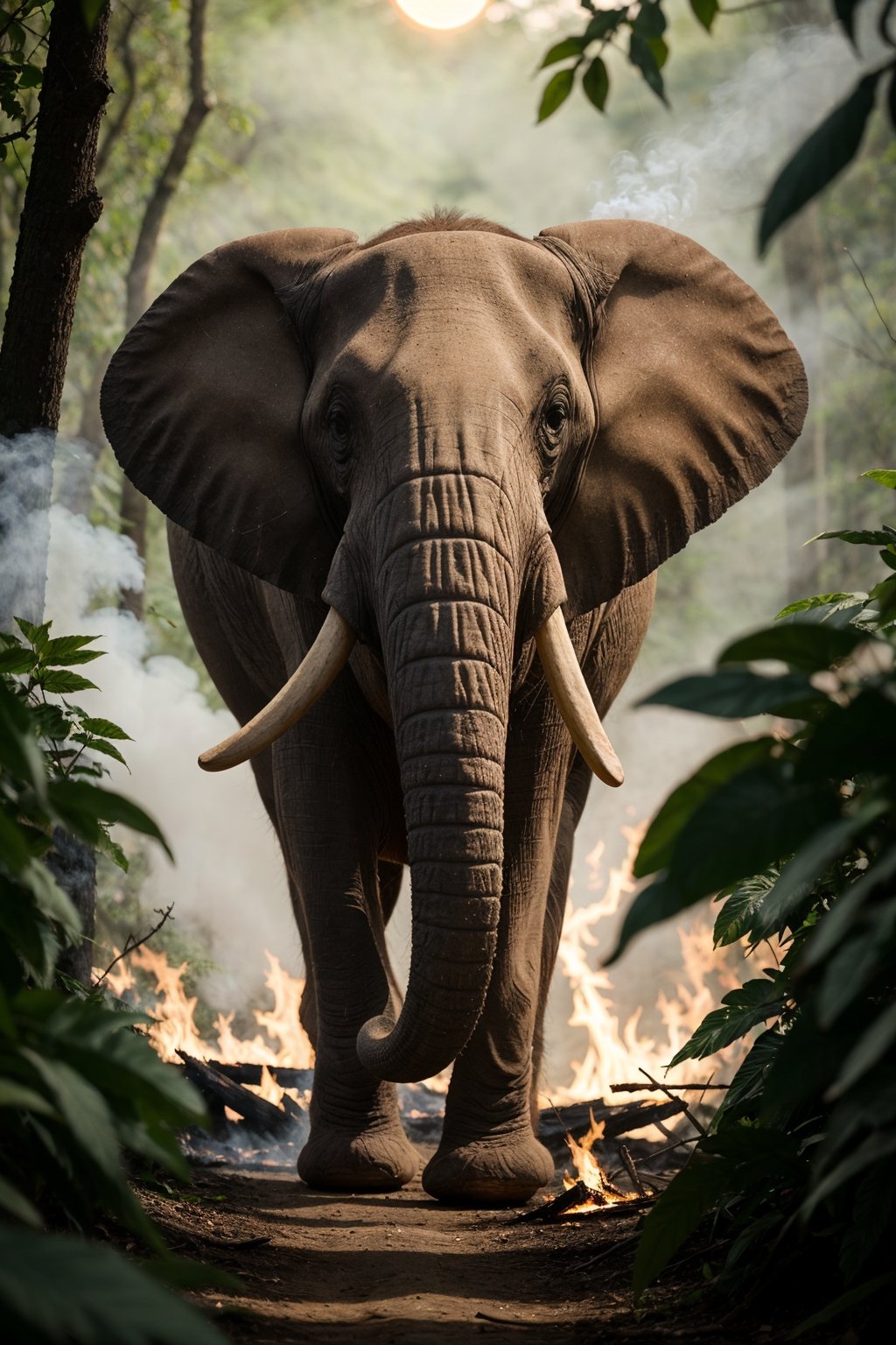 majestic african elephant, large tusks, walking through leaves towards the viewer, aggressive, surrounded by a rainforest, on the left is lush green forest + big green leaves + fantasy forest, on the right is flames + forest burning + black leaves with burning embers, beautiful long glowing sun rays through the leaves, smoke on the right, steam coming off the elephant’s back, hyper realism, 8k