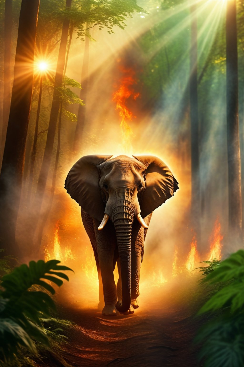 majestic african elephant, large tusks, (left-side half of background is lush green forest, big green leaves, fantasy forest, beautiful long glowing sun rays through the leaves), (right-side of backround is a burning forest, flames, smoke, burning embers floating in the air), elephant walking towards camera, hyper realism, 8k