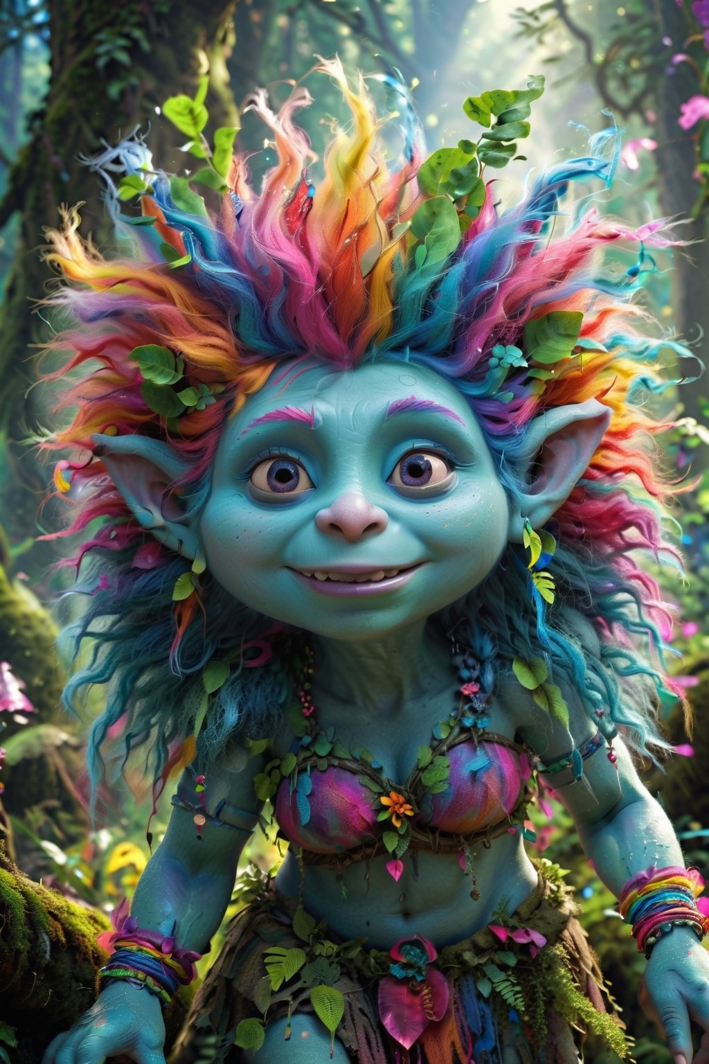 (best quality, 8K, highres, masterpiece), ultra-detailed, (vibrant, colorful) female troll from the animated movie “Trolls”, very detailed face, featuring cyan skin and striking blue eyes, large breasts, rainbow hair, she swings her long hair in a circular motion while dancing In a vivid colorful fantasy forest, enchanted forest. The mood is transformed into an epic and lively atmosphere. The trees and plants are coming alive and creepy, The scene is filled with intricate and hyperdetailed details. In 8K HDR, the high detailed image is bathed in soft cinematic light, creating a dramatic atmosphere with an explosion of colors and atmospheric perspective, motion blur on the hair movement, 
