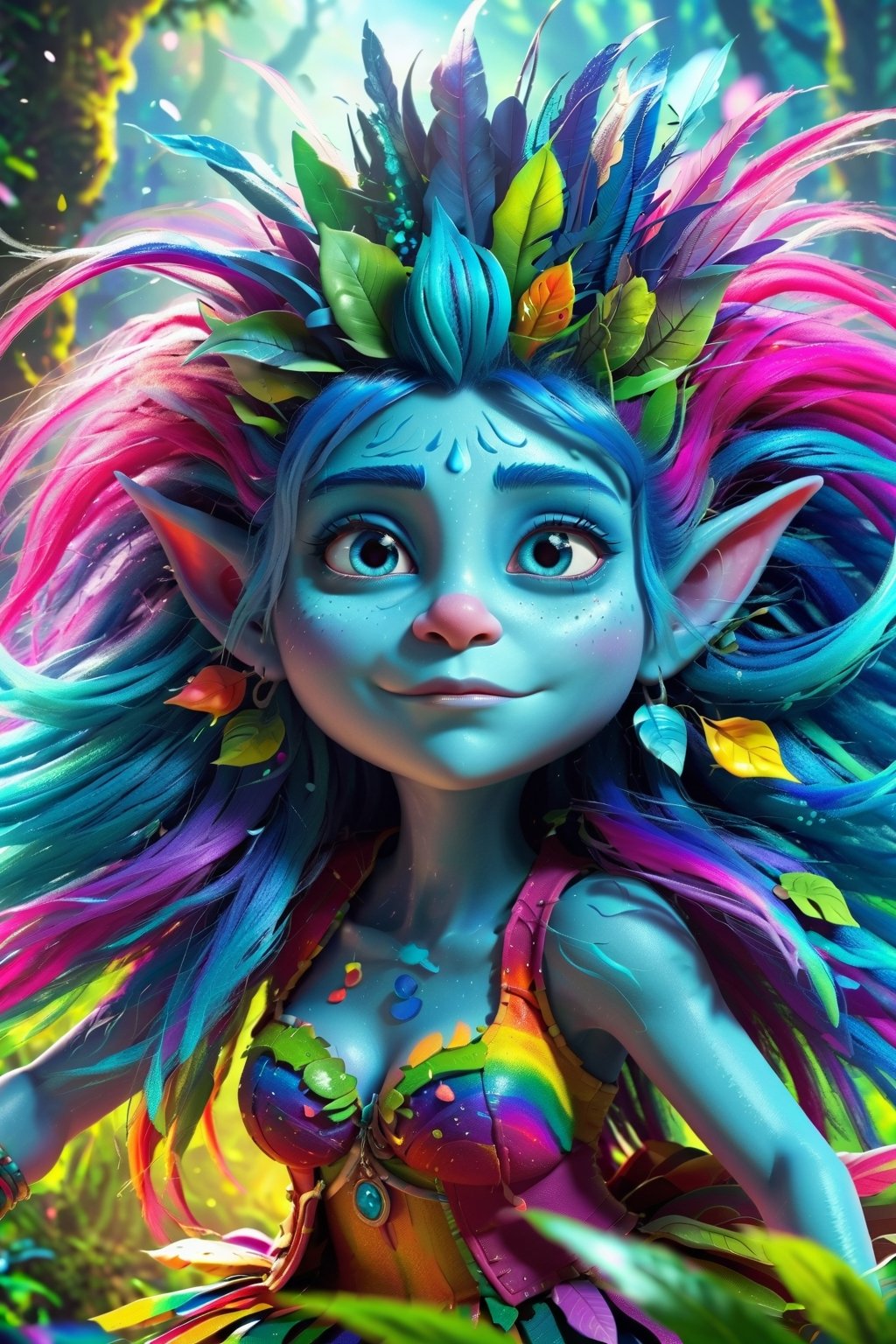 (best quality, 8K, highres, masterpiece), ultra-detailed, (vibrant, colorful) female troll from the animated movie “Trolls”, very detailed face, featuring cyan skin and striking blue eyes, rainbow hair, she swings her long hair in a circular motion while dancing In a vivid colorful fantasy forest, enchanted forest. The mood is transformed into an epic and lively atmosphere. The trees and plants are coming alive and creepy, The scene is filled with intricate and hyperdetailed details. In 8K HDR, the high detailed image is bathed in soft cinematic light, creating a dramatic atmosphere with an explosion of colors and atmospheric perspective, motion blur on the hair movement, 
